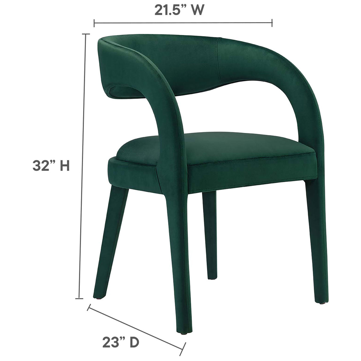 Green velvet dining chair with sculpted open back and dimensions labeled for easy size reference || EEI-6563-GRN || dimension_studio