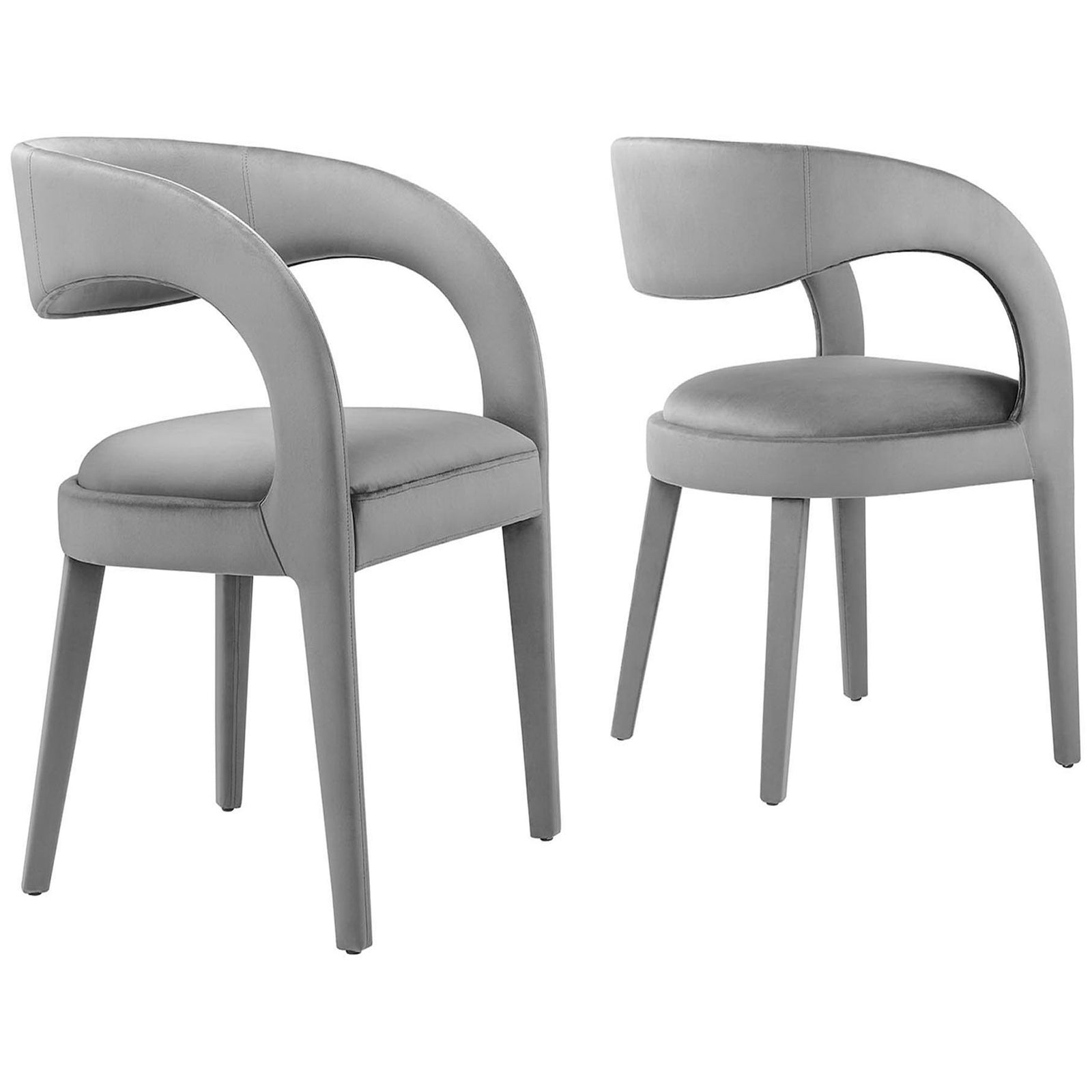 Set of two gray velvet dining chairs with curved open backs and tapered legs for a sleek modern dining upgrade || EEI-6563-GRY || front_angle_multi_studio