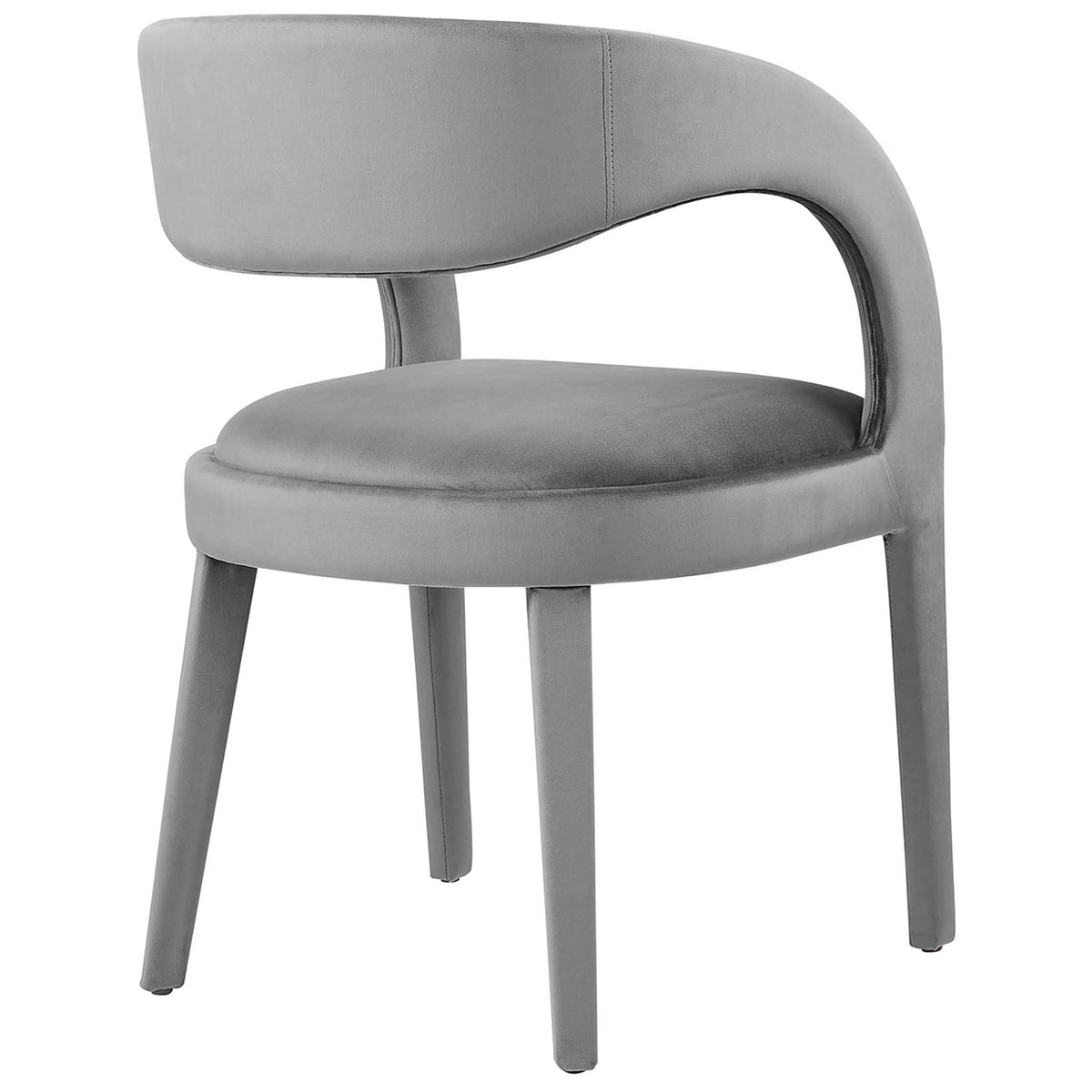 Gray velvet dining chair showcasing smooth rounded back and open lower frame for an airy, inviting look || EEI-6563-GRY || back_angle_studio