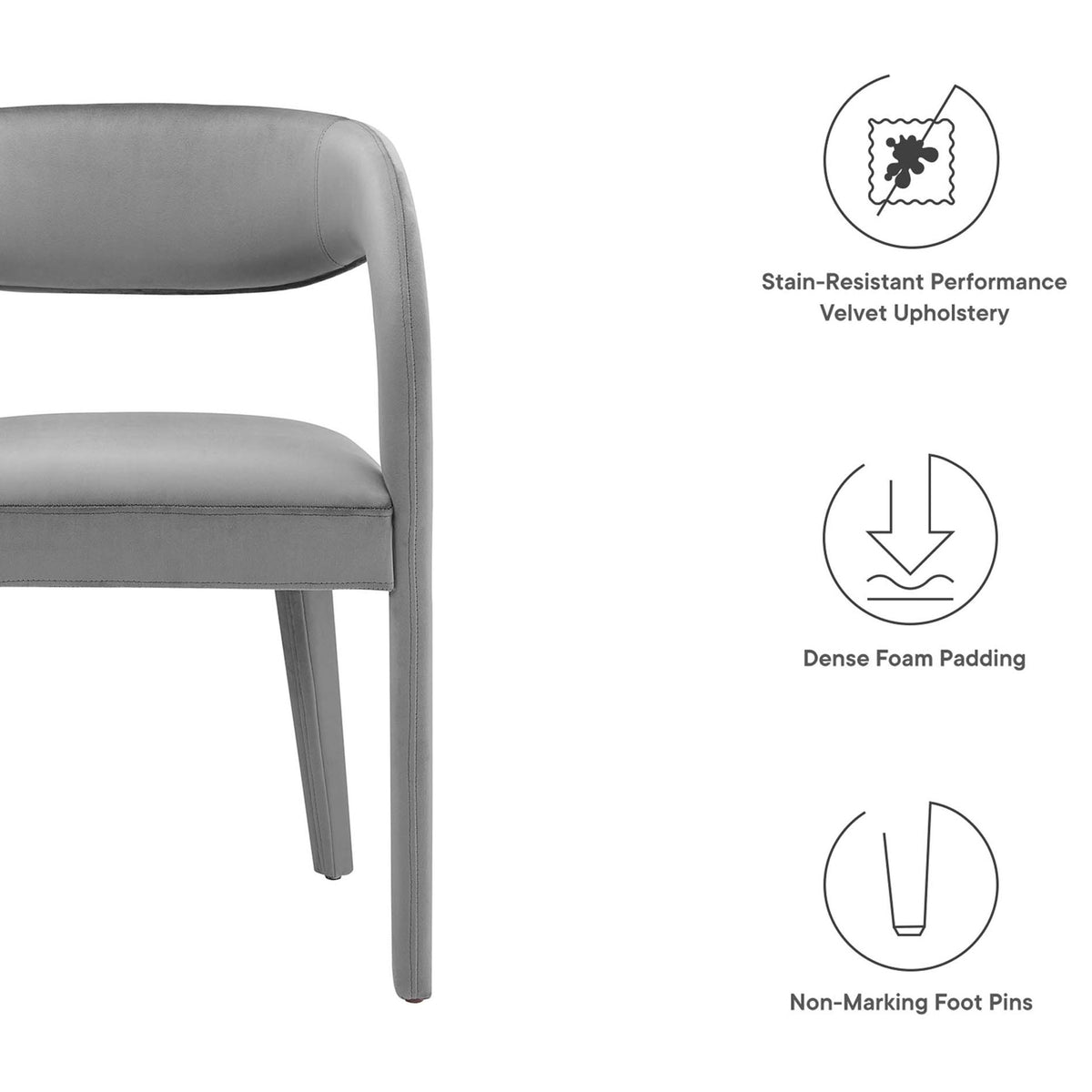 Graphic highlighting the chair's stain-resistant velvet upholstery, dense foam padding, and non-marking foot pins || EEI-6563-GRY || callout_studio
