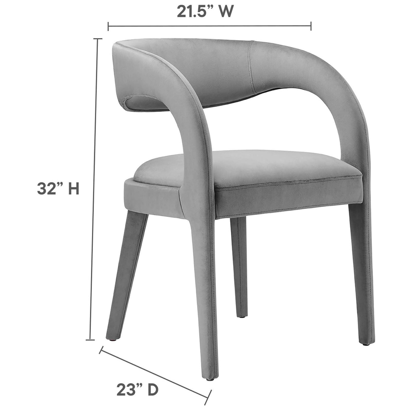 Dimension diagram of the gray velvet dining chair with labeled height, width, and depth measurements || EEI-6563-GRY || dimension_studio