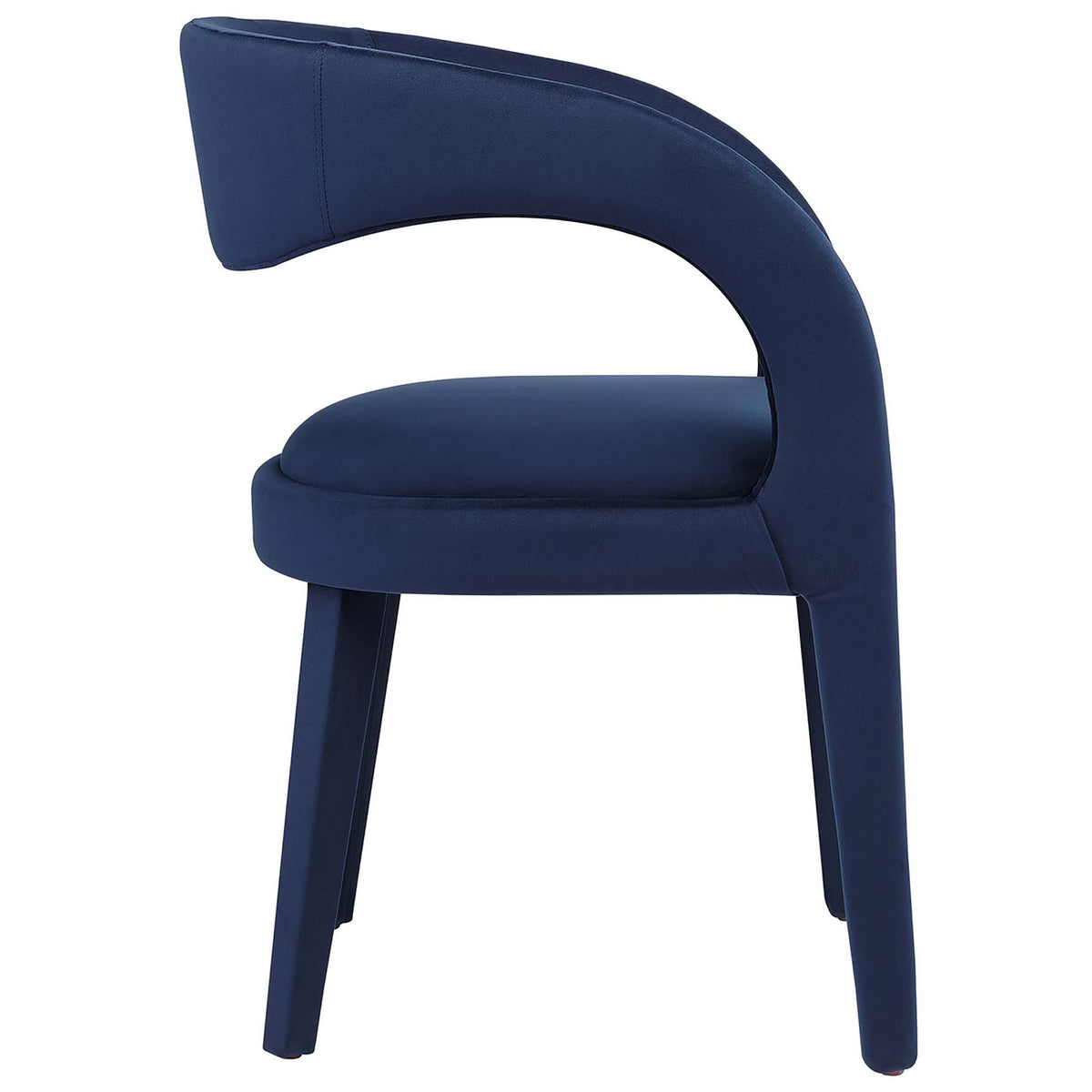 Side profile of the midnight blue velvet dining chair with smooth curves and sturdy tapered legs || EEI-6563-MID || side_studio