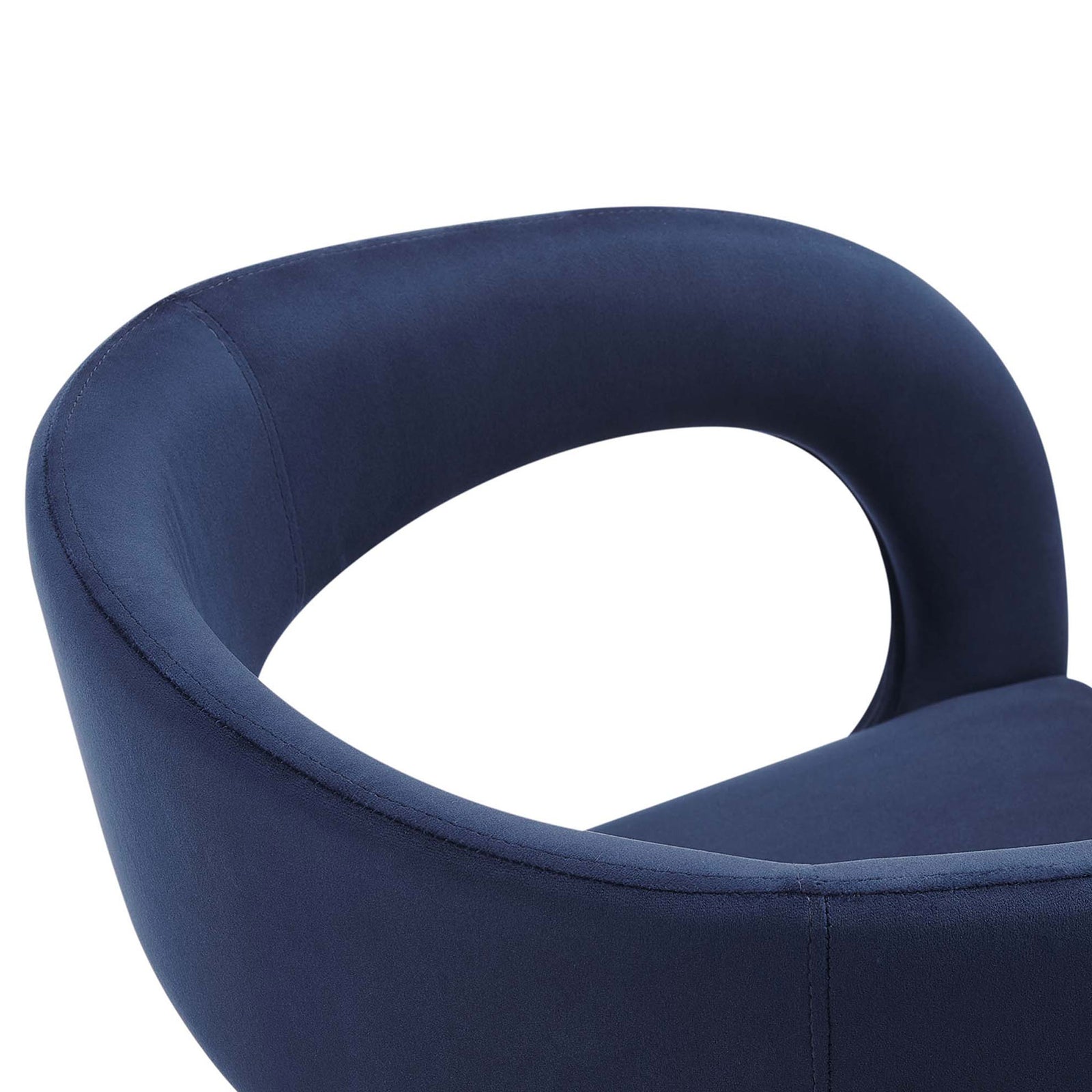 Smooth midnight blue velvet upholstery with gracefully curved armrest and back detailing || EEI-6563-MID || detail_studio
