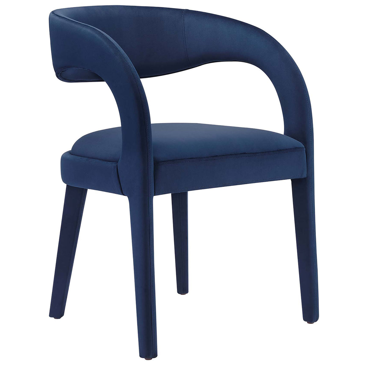 Midnight blue velvet dining chair with sleek open silhouette that lends sculptural style to the table || EEI-6563-MID || front_angle_studio