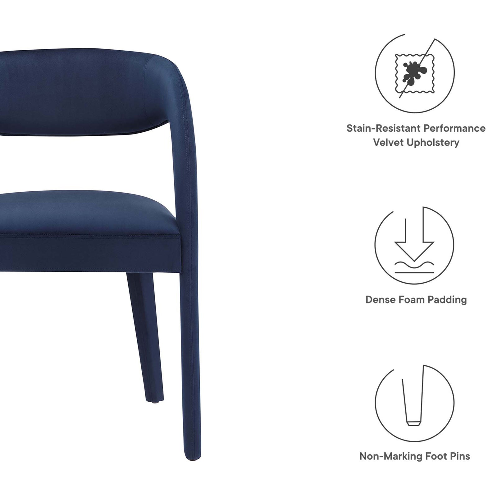 Performance velvet dining chair highlighting stain-resistant fabric, dense foam seat, and floor-friendly feet || EEI-6563-MID || callout_studio