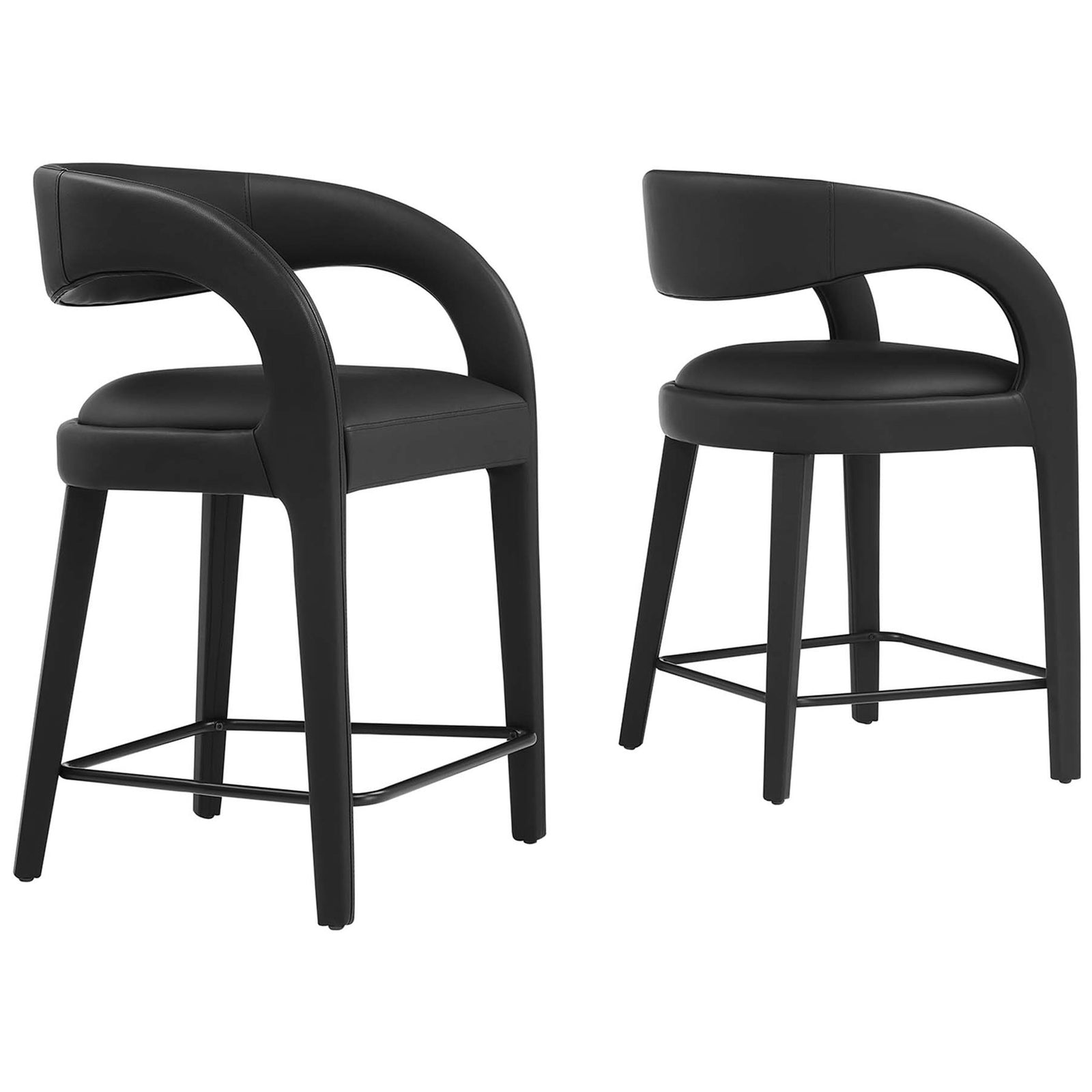 Set of two counter stools in black vegan leather with supportive wraparound backs and metal footrests || EEI-6564-BLK-BLK || front_angle_multi_studio
