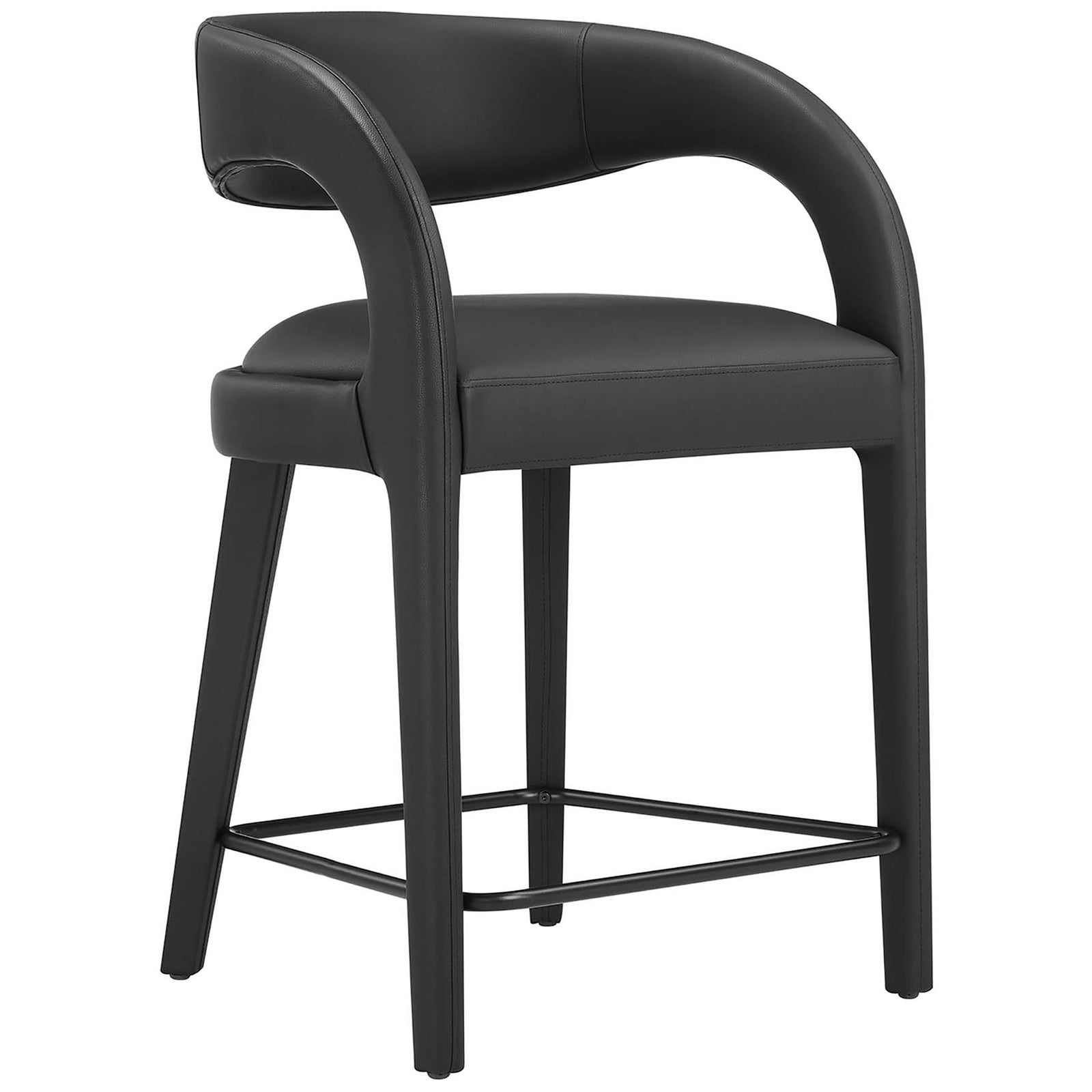 Sleek counter stool with wraparound backrest, plush vegan leather seat, and sturdy square footrest || EEI-6564-BLK-BLK || front_angle_studio
