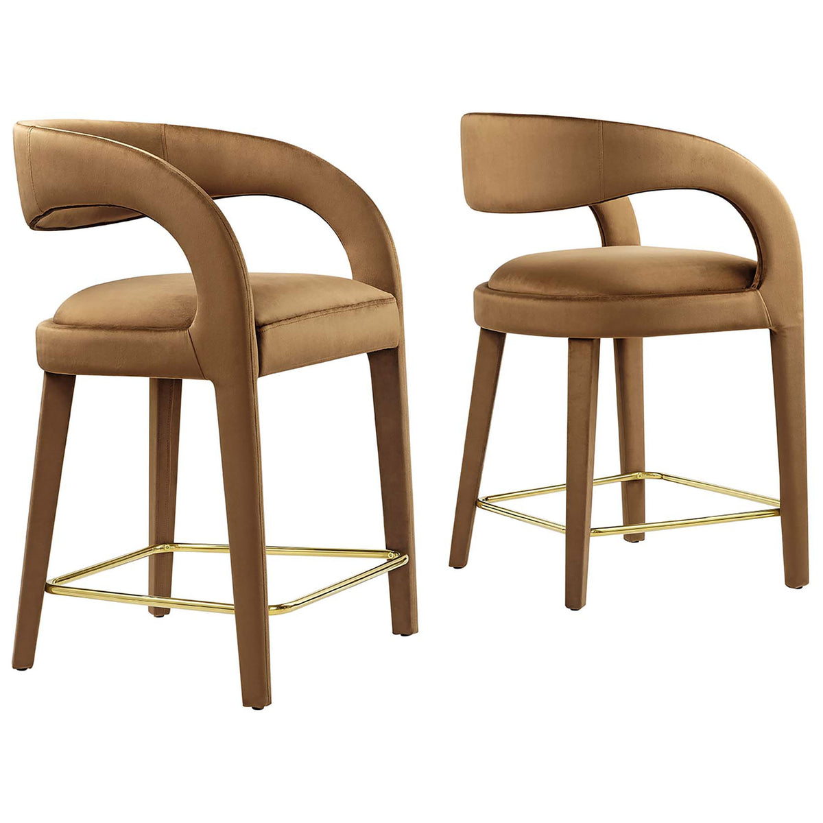 Set of two counter stools with curved open-back design, plush velvet, and a gold footrest || EEI-6566-BRN-GLD || front_angle_multi_studio