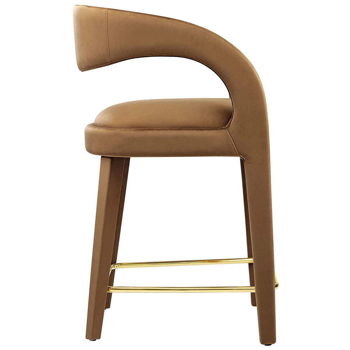 Slim counter stool profile with wraparound back and upholstered legs over a gold footrest || EEI-6566-BRN-GLD || side_studio