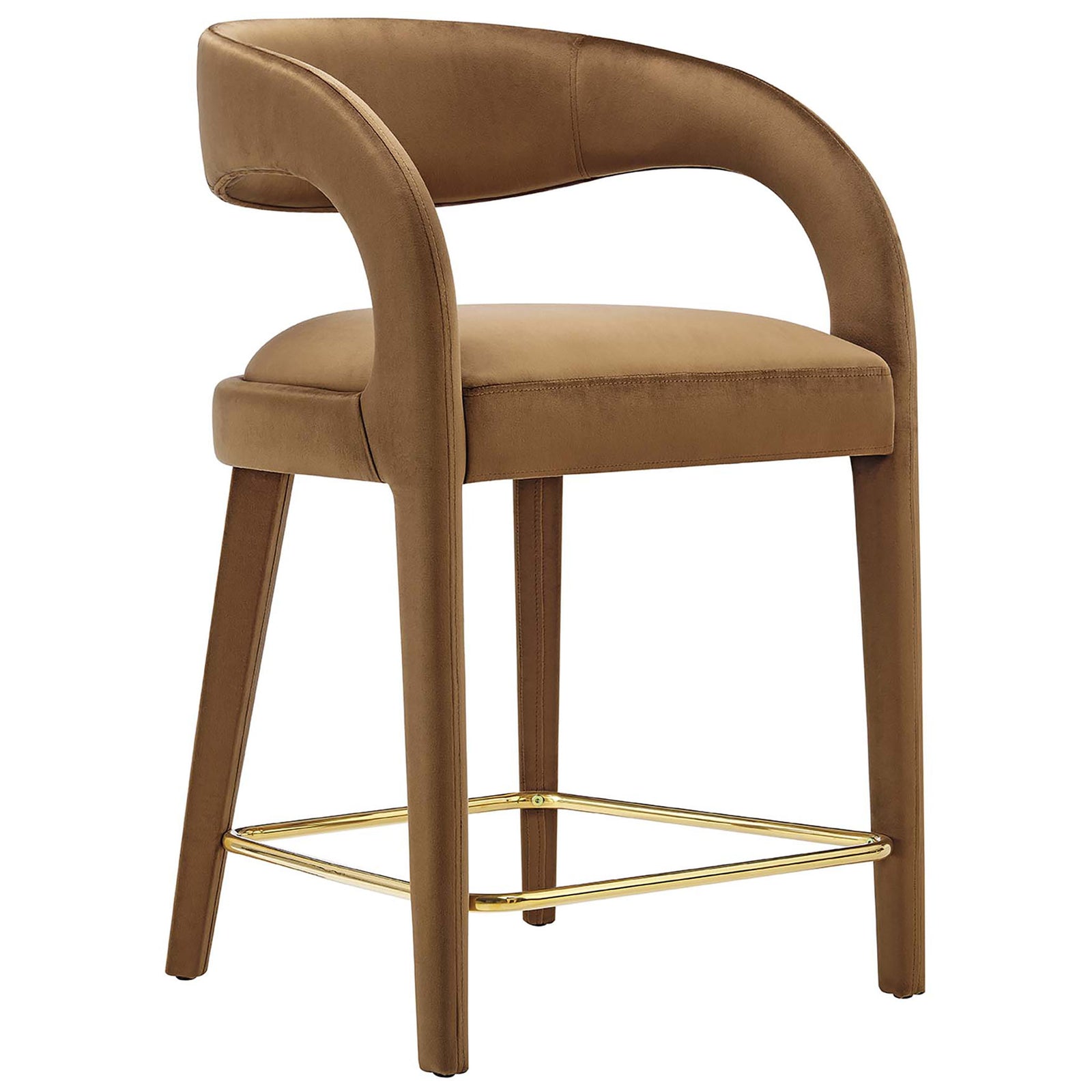 Elegant counter stool with an open crescent back, plush cushioning, and gold footrest || EEI-6566-BRN-GLD || front_angle_studio