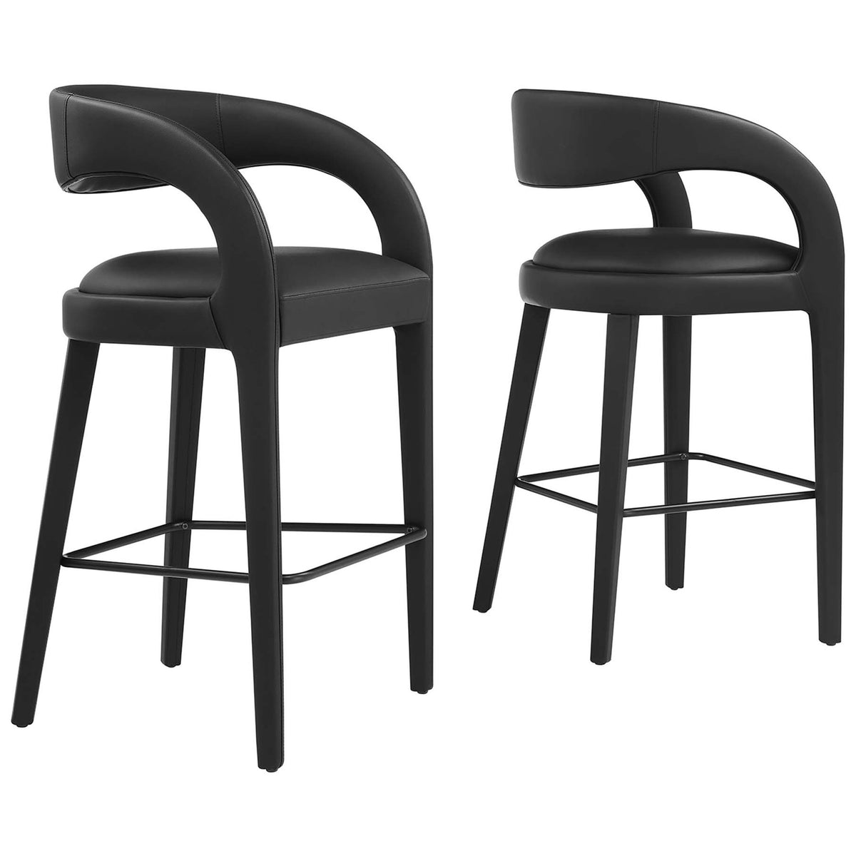 Set of two bar stools in black vegan leather with supportive wraparound backs and metal footrests || EEI-6567-BLK-BLK || front_angle_multi_studio