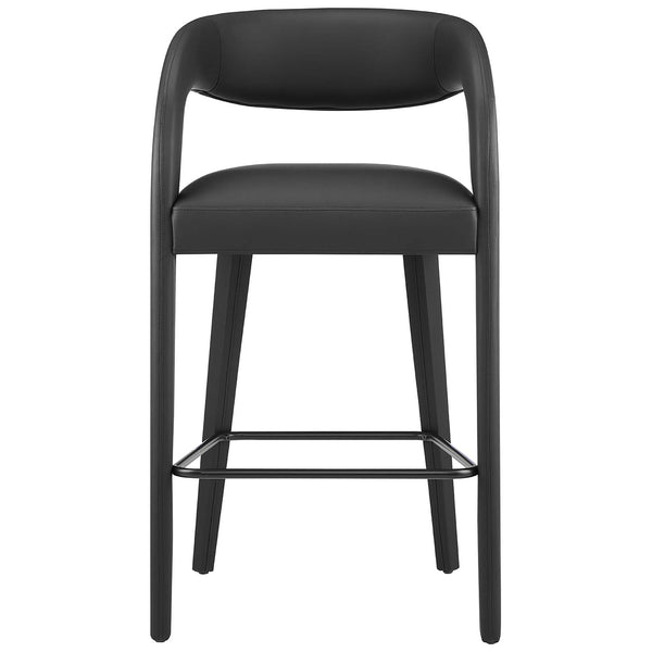 Curved open-back bar stool in black vegan leather with padded seat and metal footrest || EEI-6567-BLK-BLK || front_studio