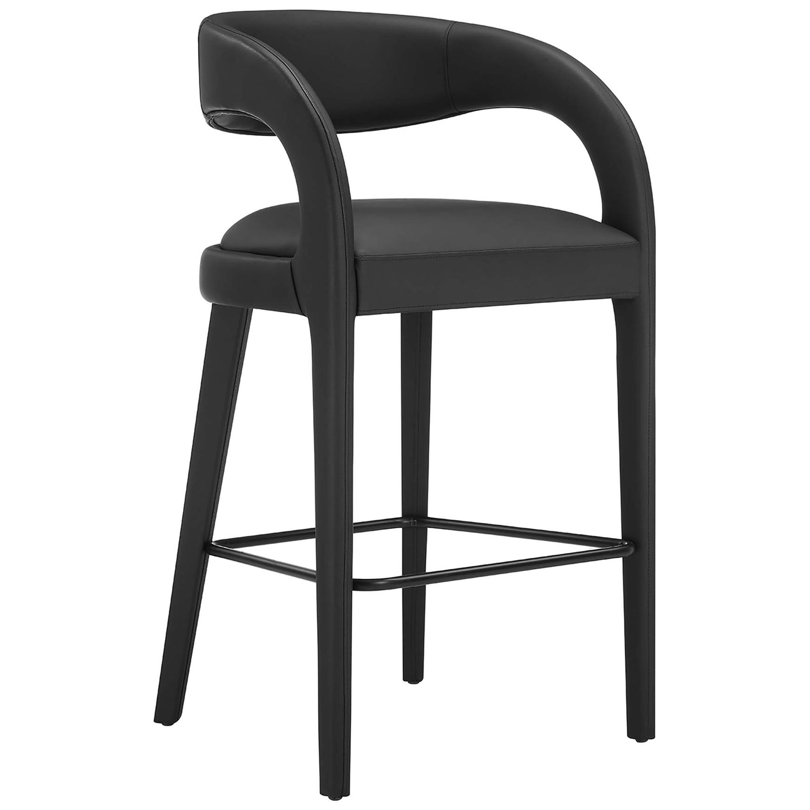 Modern bar stool with wraparound back, plush vegan leather seat, and sturdy square footrest || EEI-6567-BLK-BLK || front_angle_studio