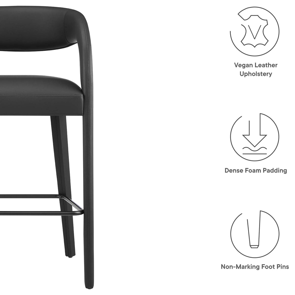 Vegan leather bar stool featuring dense foam padding and non-marking foot pins || EEI-6567-BLK-BLK || callout_studio
