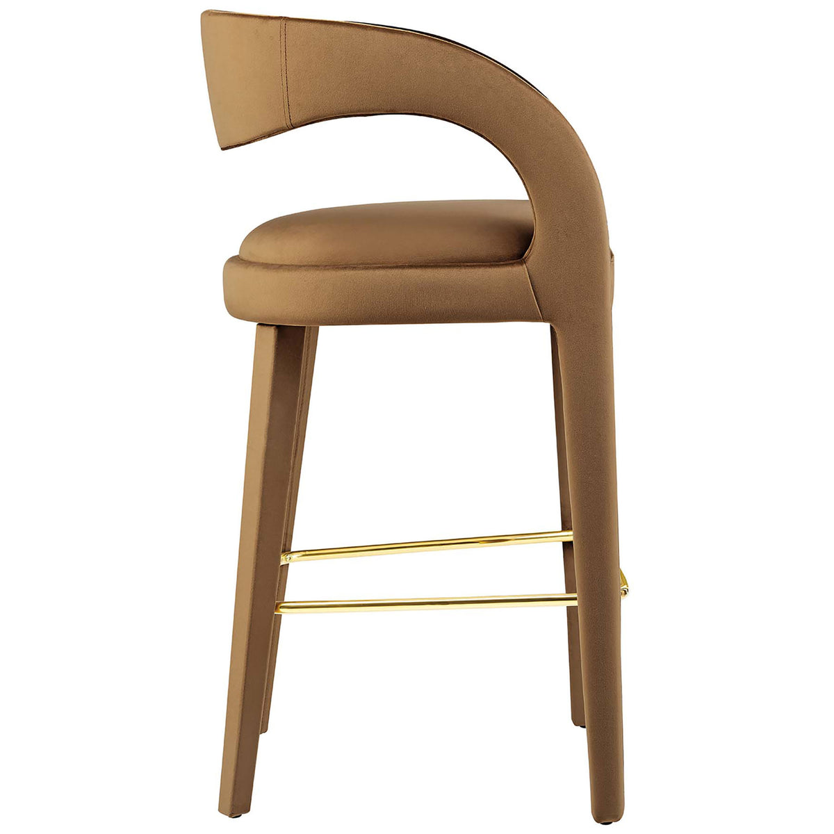 Slim bar stool profile with wraparound back and upholstered legs above a gold footrest || EEI-6569-BRN-GLD || side_studio