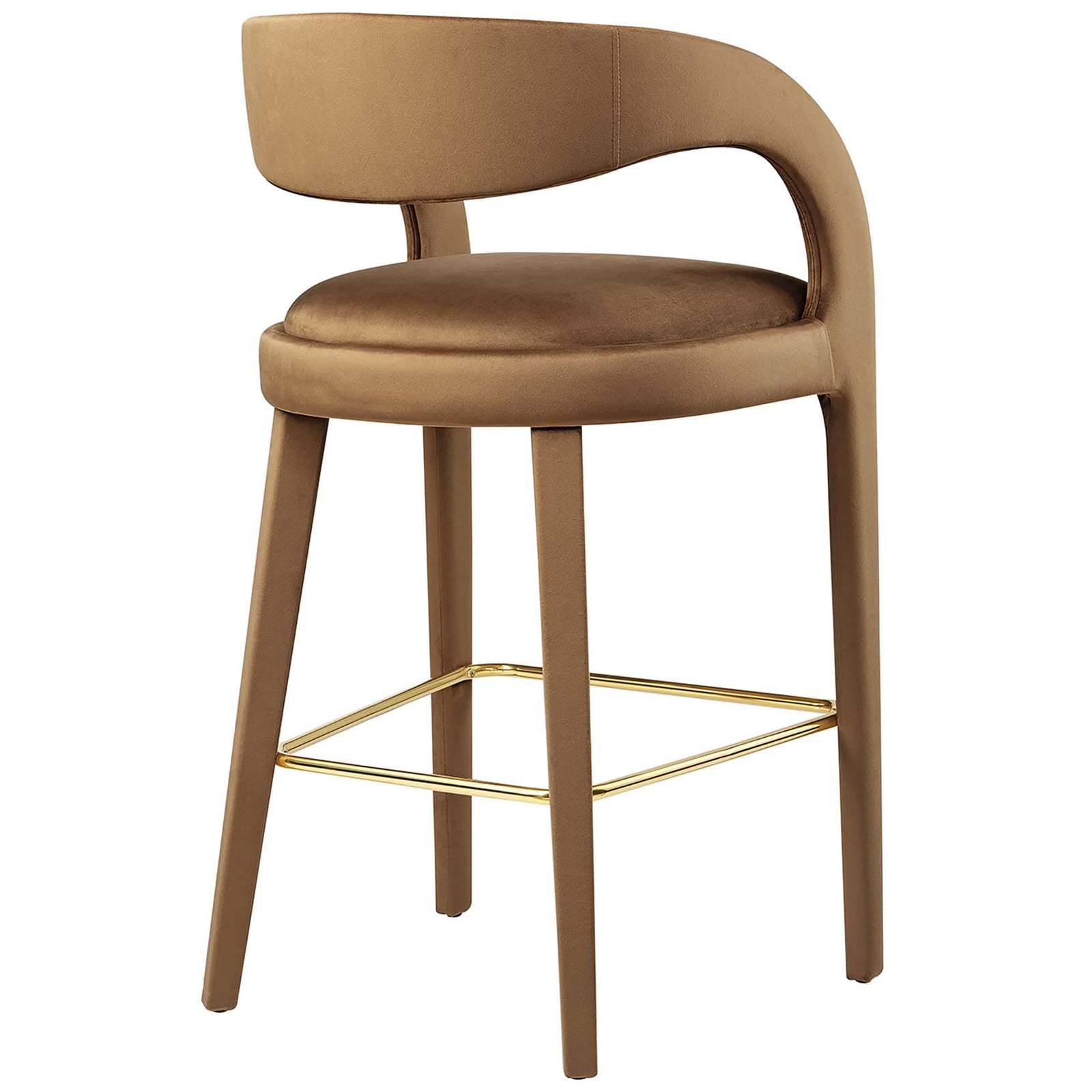 Bar stool highlights a smooth velvet finish and airy open back over a gold footrest || EEI-6569-BRN-GLD || back_angle_studio