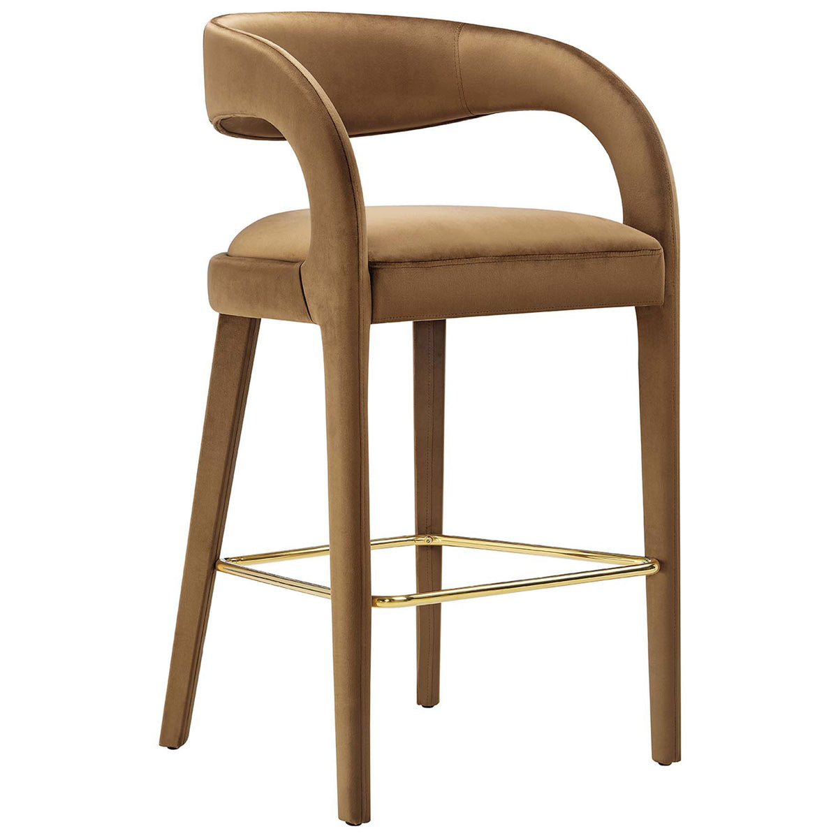 Elegant bar stool with an open crescent back, plush cushioning, and gold footrest || EEI-6569-BRN-GLD || front_angle_studio