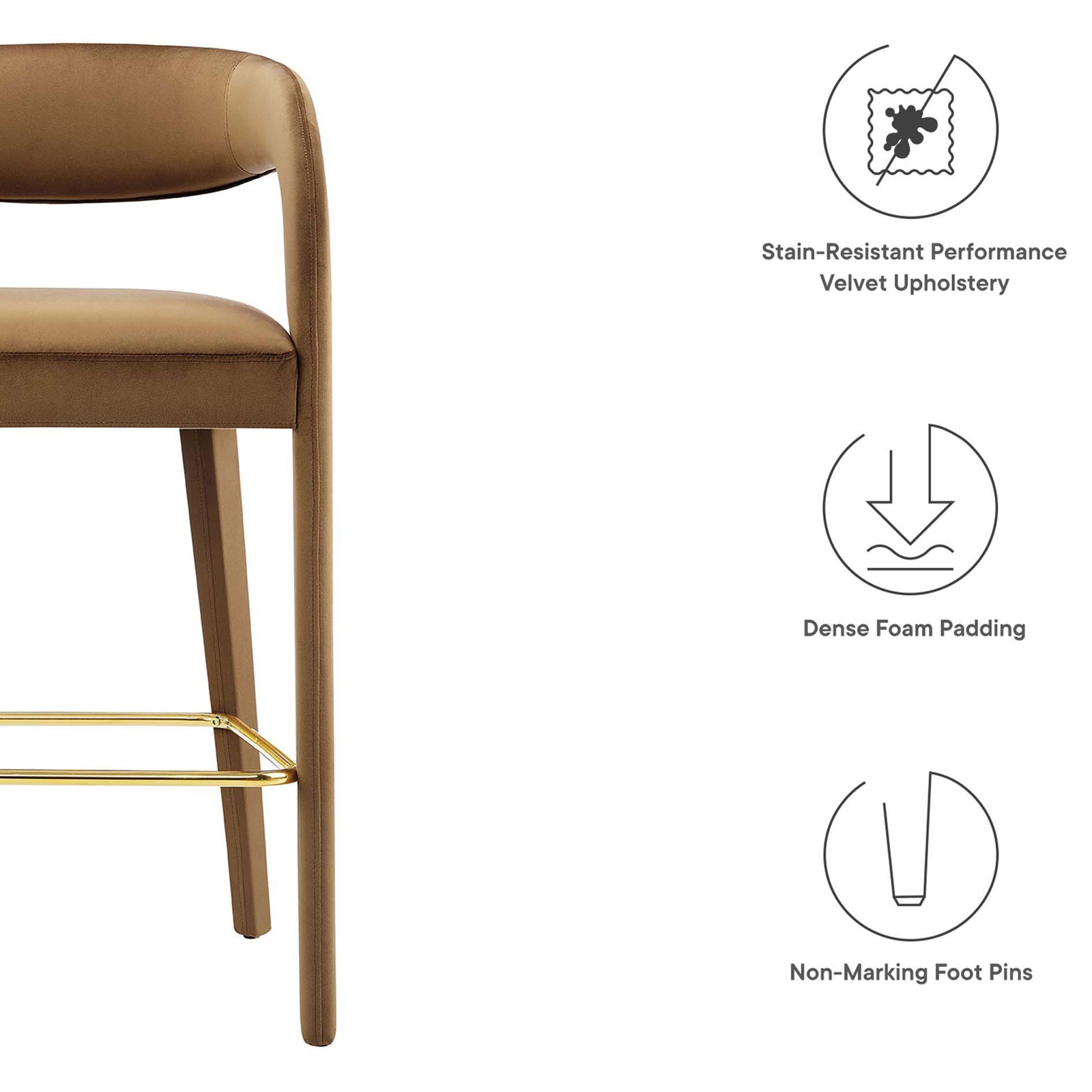 Stain-resistant velvet upholstery, dense foam padding, and non-marking foot pins || EEI-6569-BRN-GLD || callout_studio