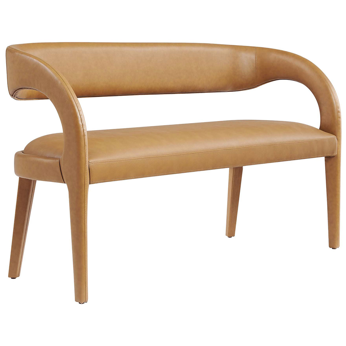 Curved-back vegan leather bench in warm tan with open sides and tapered legs || EEI-6570-TAN || front_angle_studio