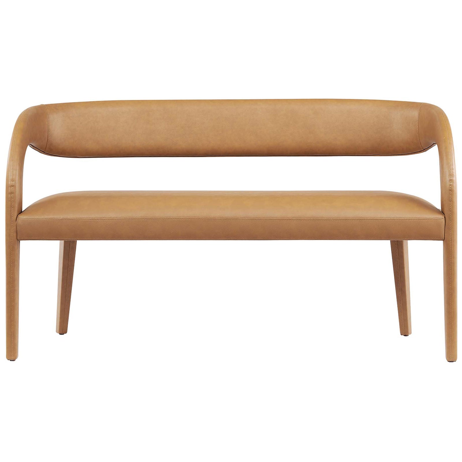 Spacious two-seat bench with supportive backrest and plush foam cushion in tan vegan leather || EEI-6570-TAN || front_studio