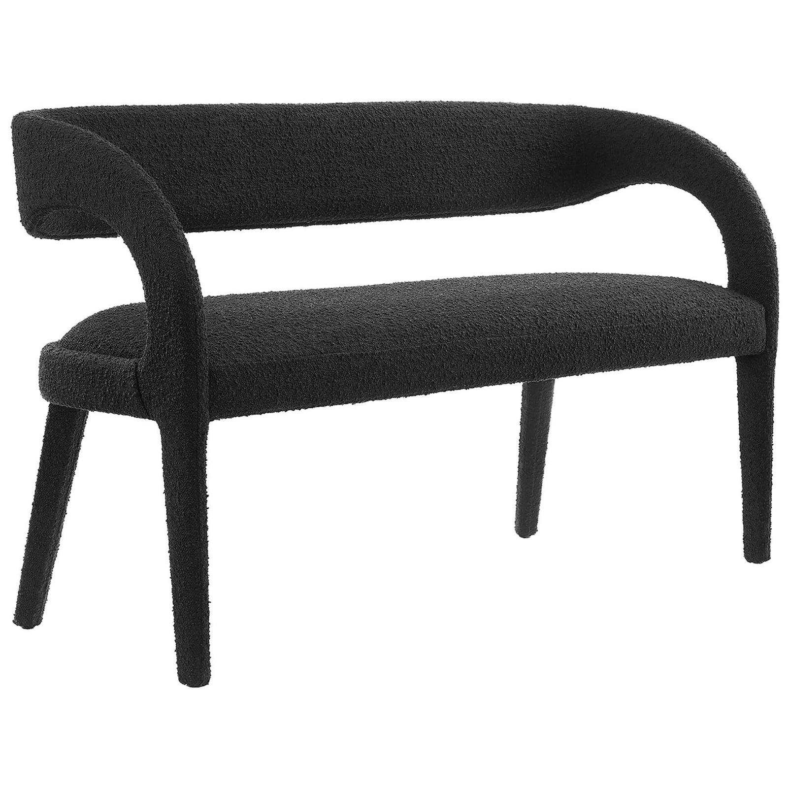 Modern bench in rich black boucle with continuous curves and an airy, open silhouette || EEI-6571-BLK || front_angle_studio
