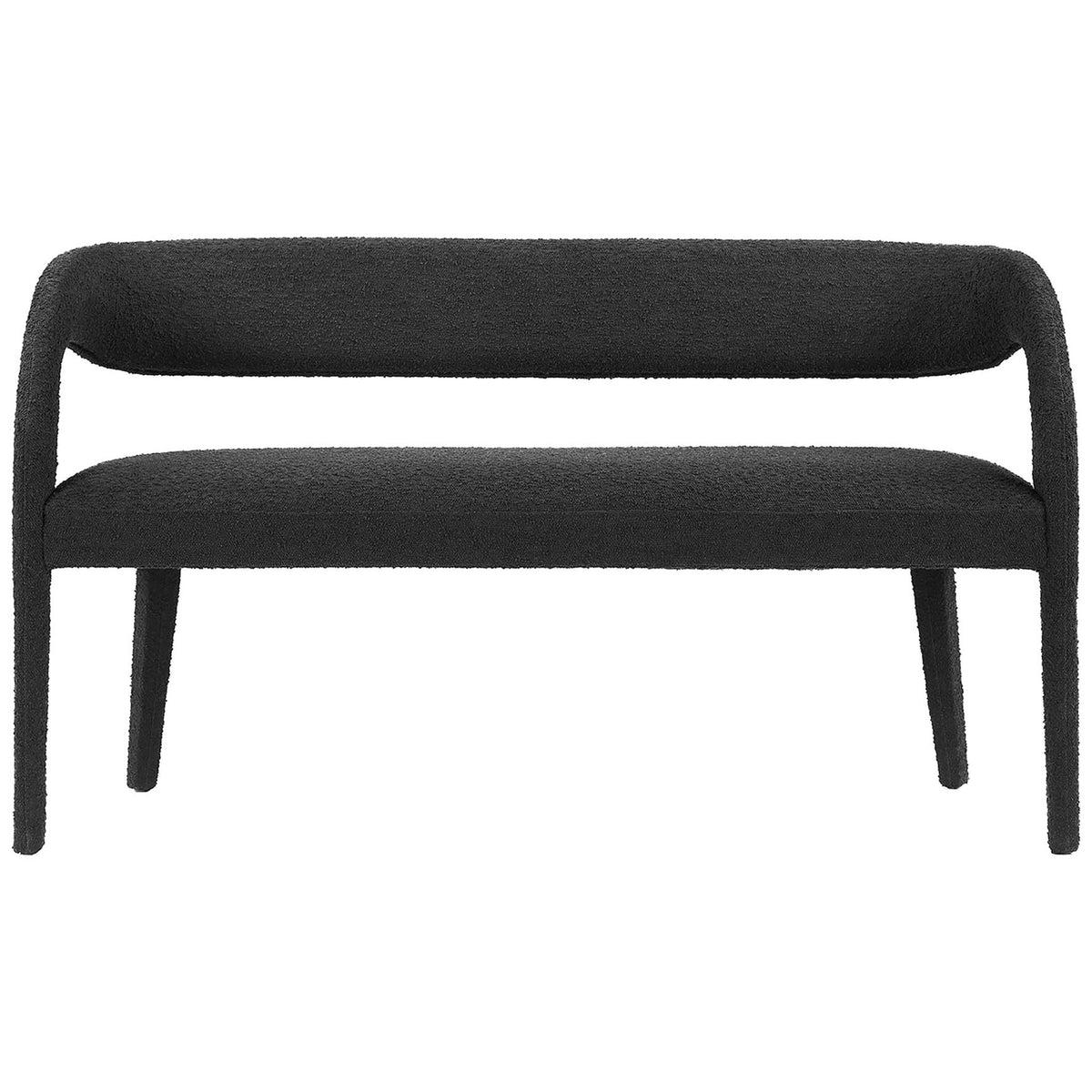 Sculptural black boucle bench with open-back design and curved wraparound arms || EEI-6571-BLK || front_studio
