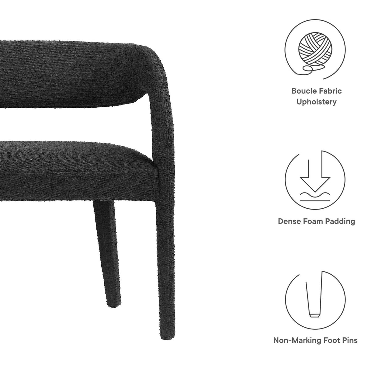 Key features include boucle upholstery, dense foam seating, and non-marking floor-safe feet || EEI-6571-BLK || callout_studio
