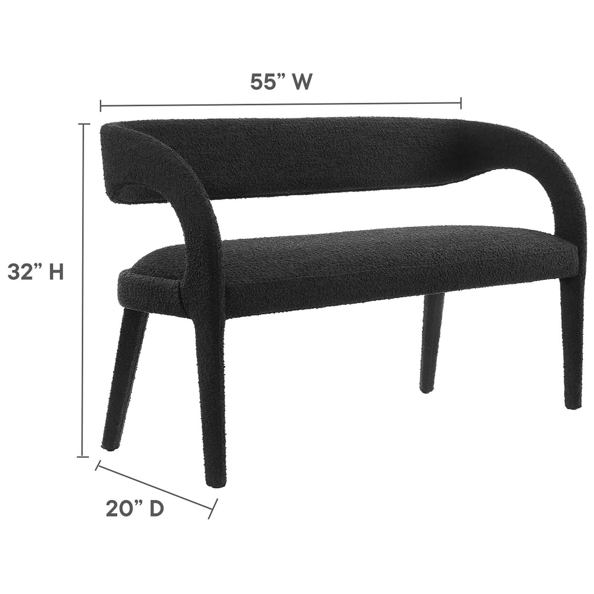 Spacious bench shown with width, height, and depth measurements for easy planning || EEI-6571-BLK || dimension_studio