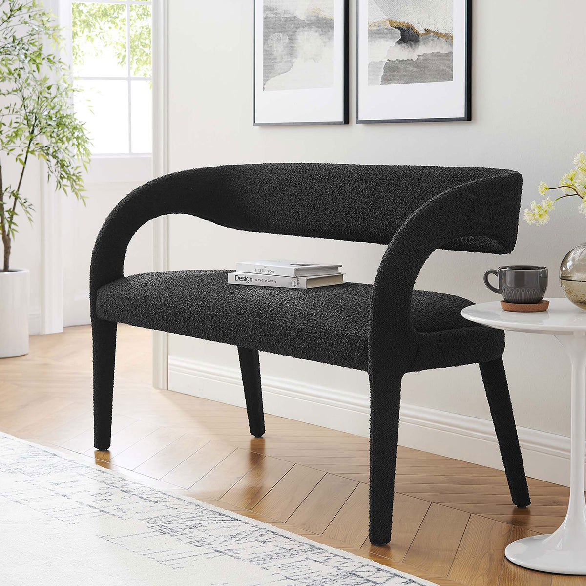 Black boucle bench brings sculptural curves and cozy texture to modern living spaces || EEI-6571-BLK || front_angle_room