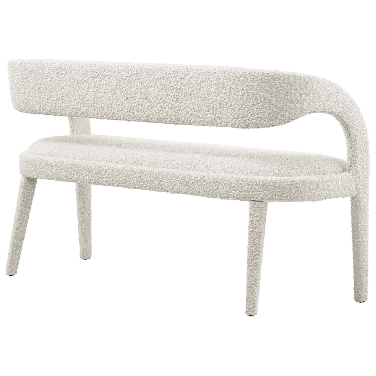 Contoured backrest spans the length, highlighting the seamless, open-back silhouette in ivory boucle. || EEI-6571-IVO || back_angle_studio