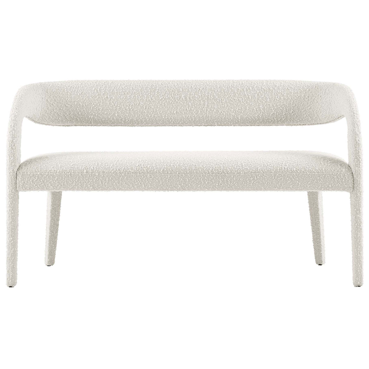 Clean-lined ivory boucle bench with curved back and generous seat for welcoming comfort. || EEI-6571-IVO || front_studio