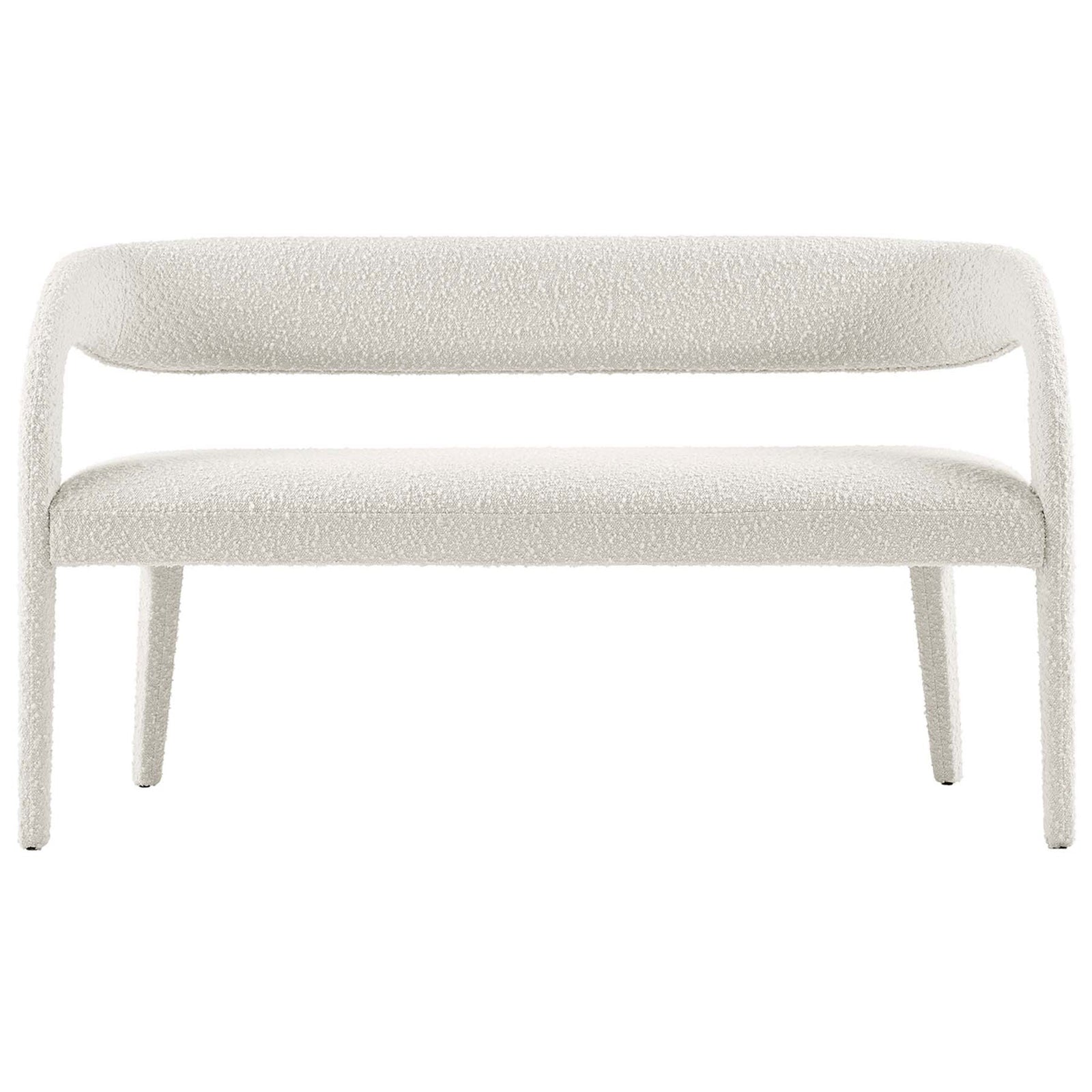 Clean-lined ivory boucle bench with curved back and generous seat for welcoming comfort. || EEI-6571-IVO || front_studio