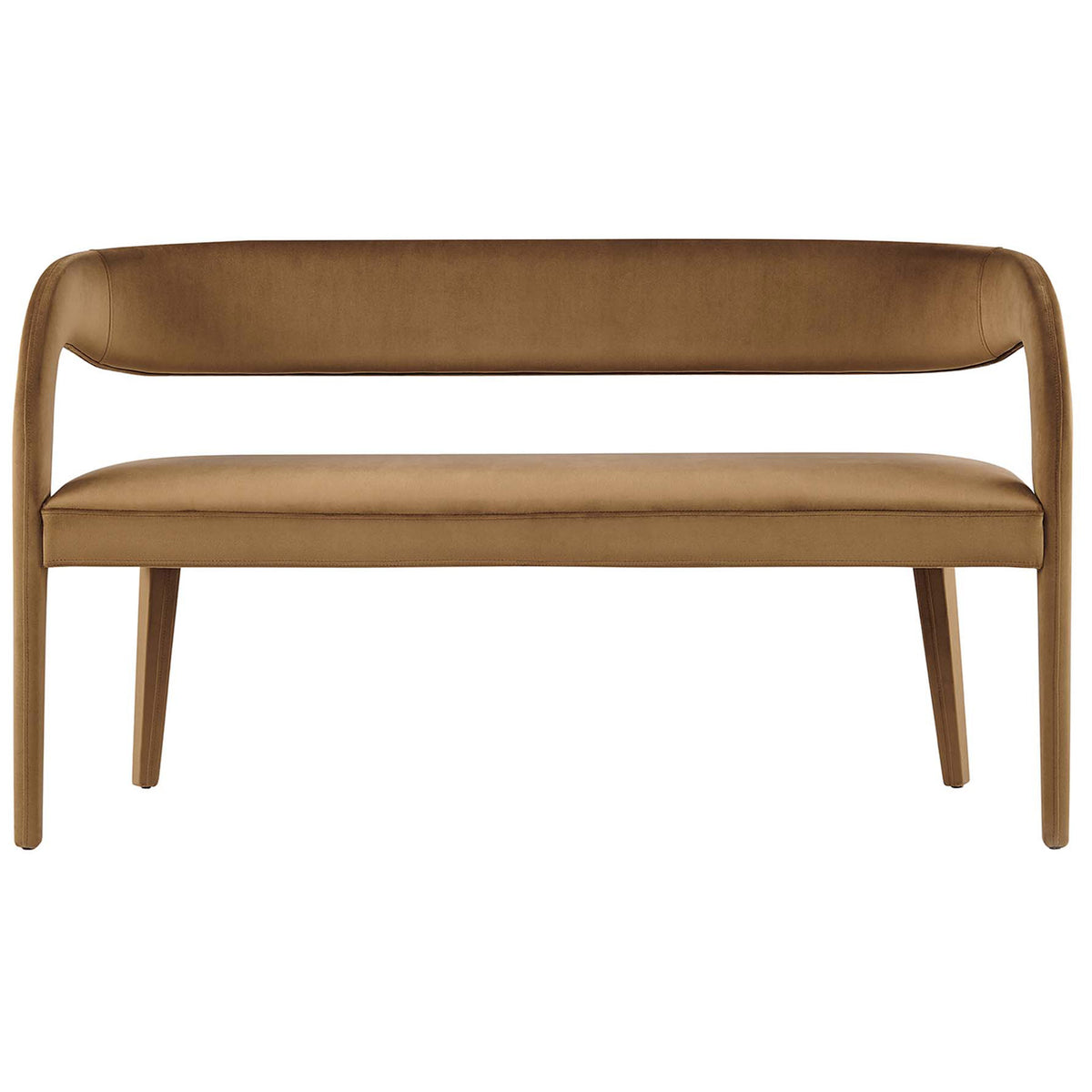 Curved-back brown velvet bench with open-back design and plush foam seat for modern lounging. || EEI-6572-BRN || front_studio