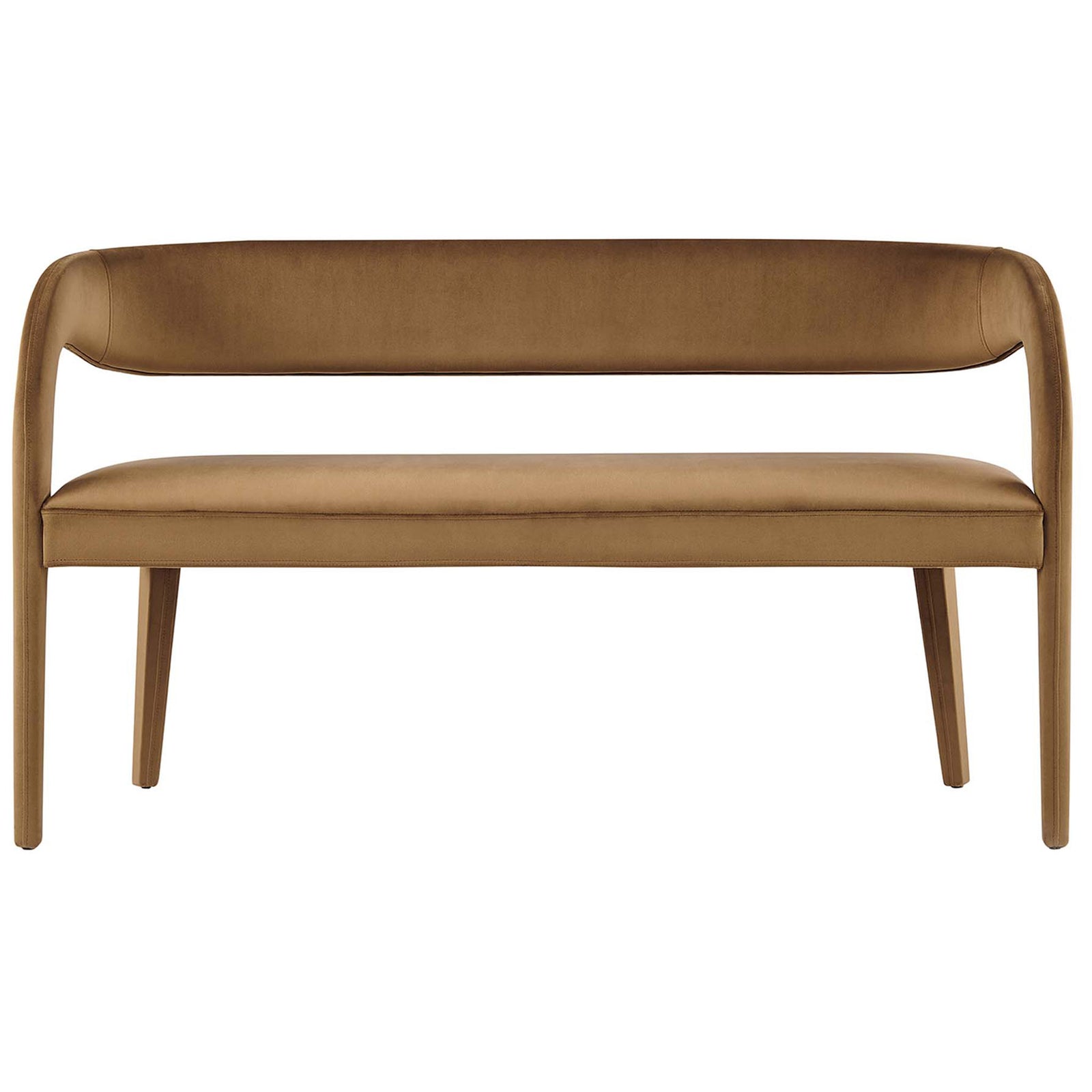 Curved-back brown velvet bench with open-back design and plush foam seat for modern lounging. || EEI-6572-BRN || front_studio