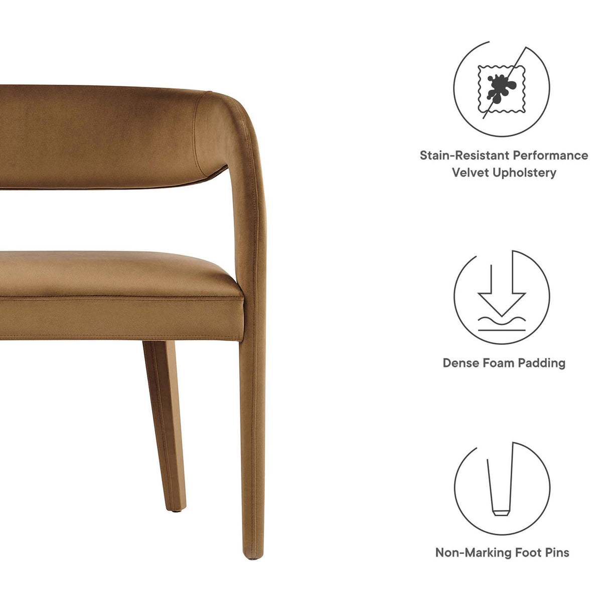 Stain-resistant velvet, dense foam cushioning, and non-marking feet combine comfort with easy care. || EEI-6572-BRN || callout_studio