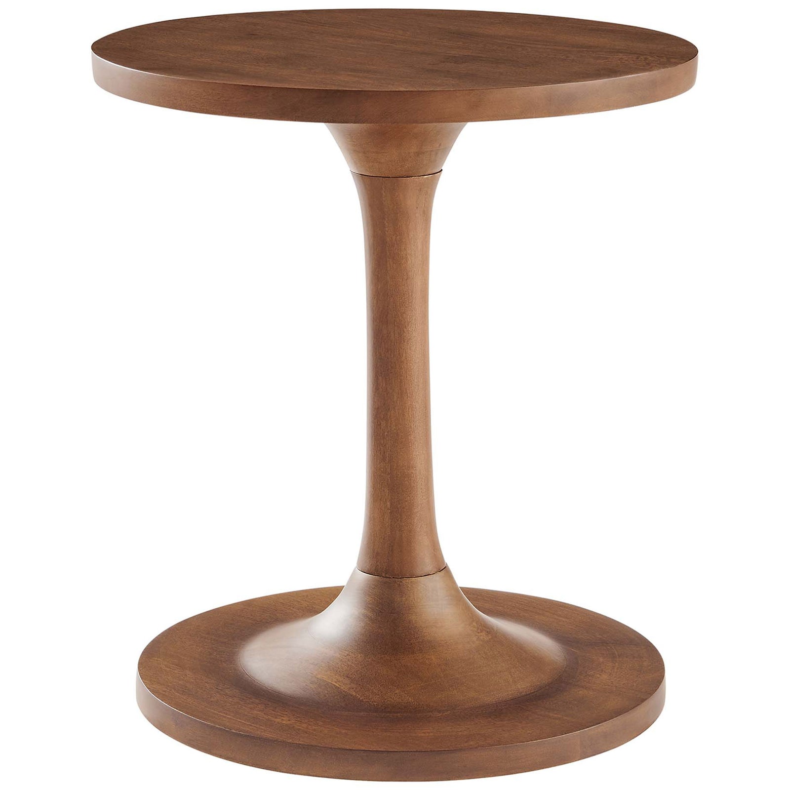 Walnut mango wood round side table with sculpted pedestal base and smooth circular top || EEI-6573-WAL || front_angle_studio