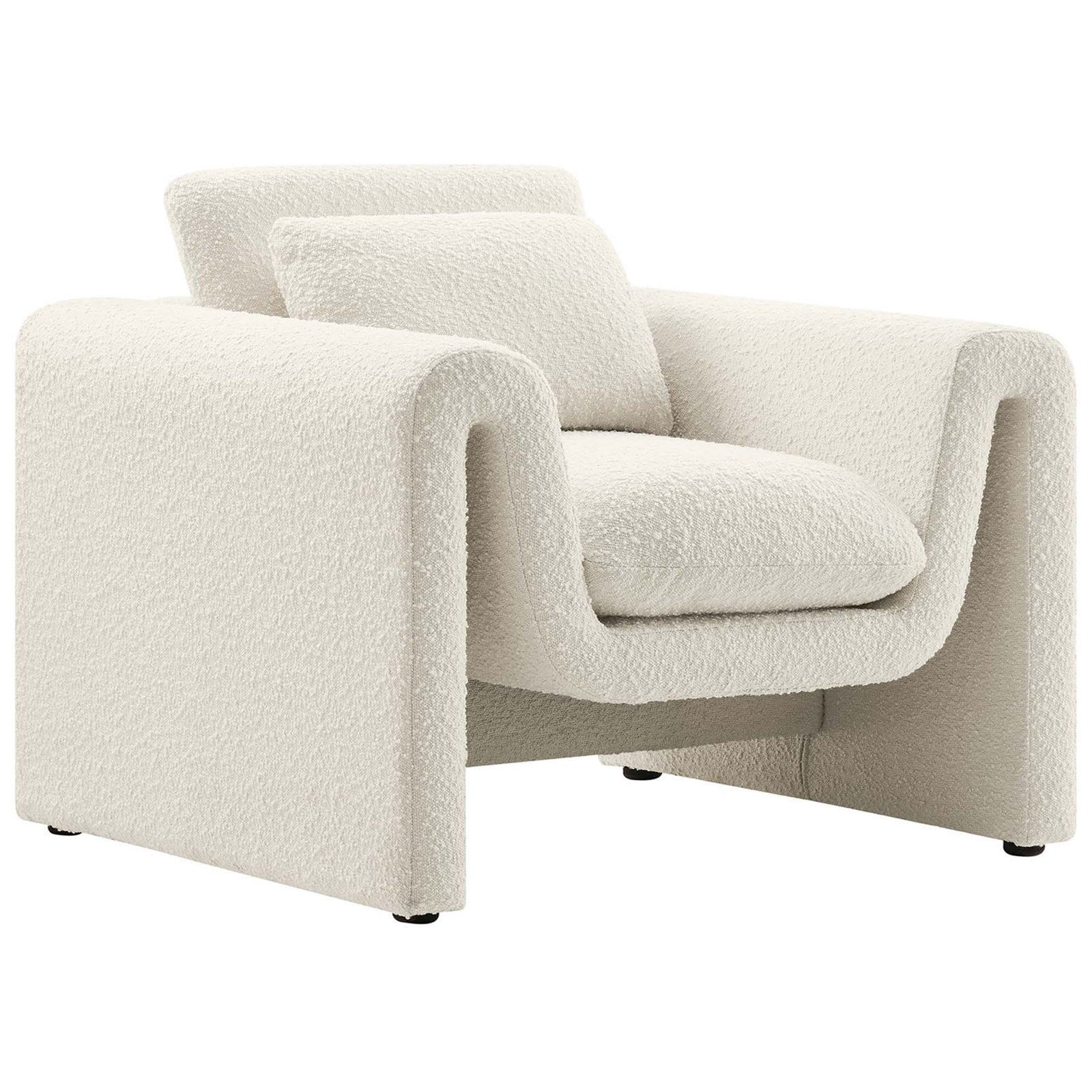 Ivory boucle armchair with a sculpted wavy silhouette and plush removable cushion. || EEI-6575-IVO || front_angle_studio