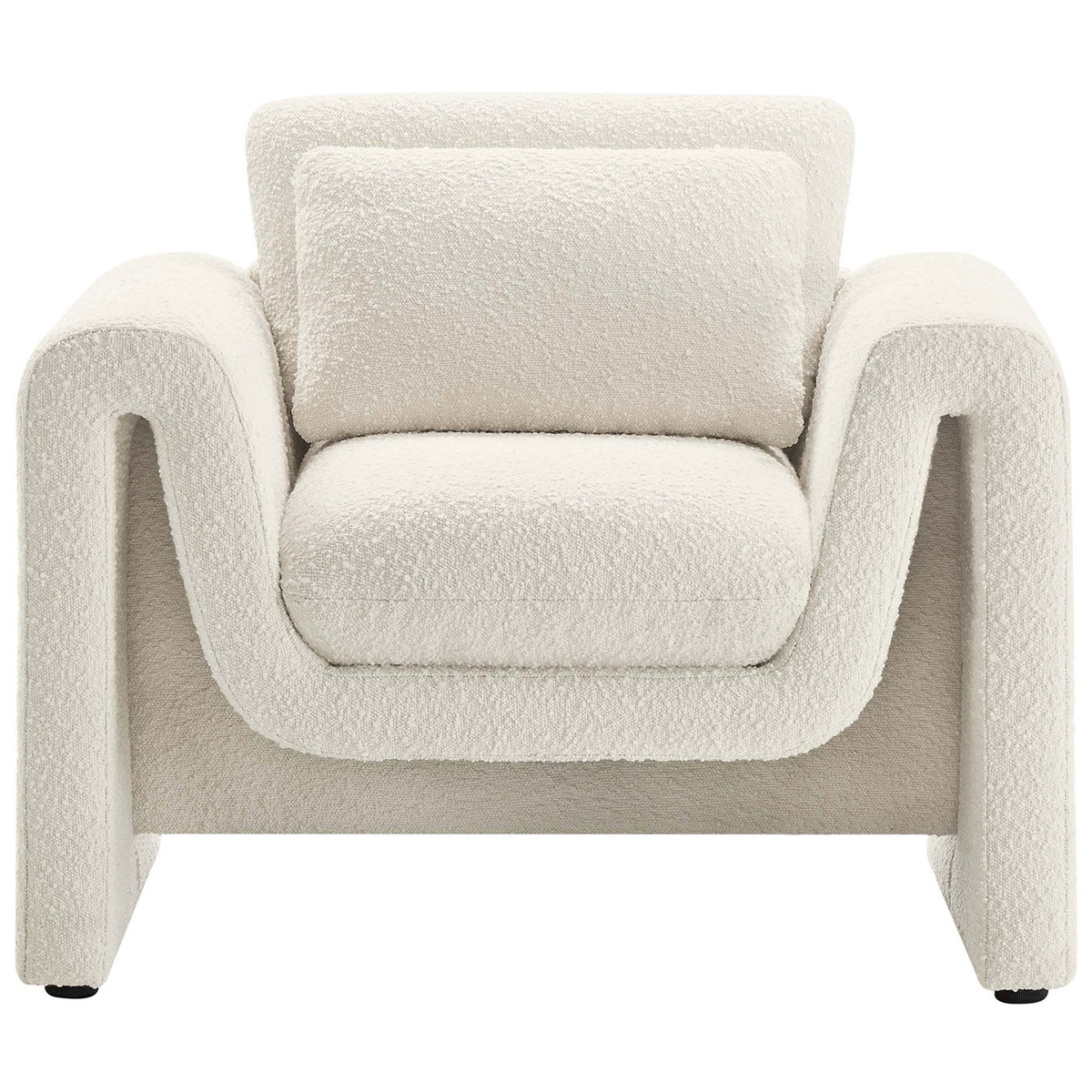 Inviting boucle armchair in ivory with generous seat and plush lumbar pillow. || EEI-6575-IVO || front_studio