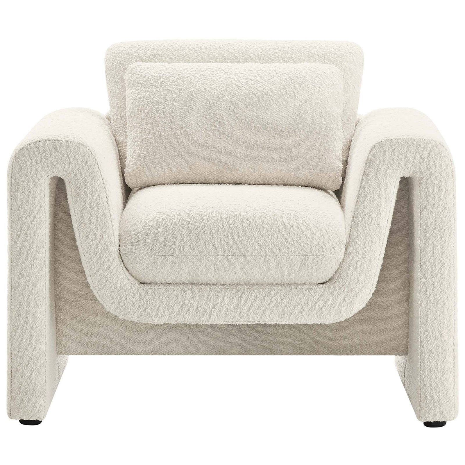 Inviting boucle armchair in ivory with generous seat and plush lumbar pillow. || EEI-6575-IVO || front_studio