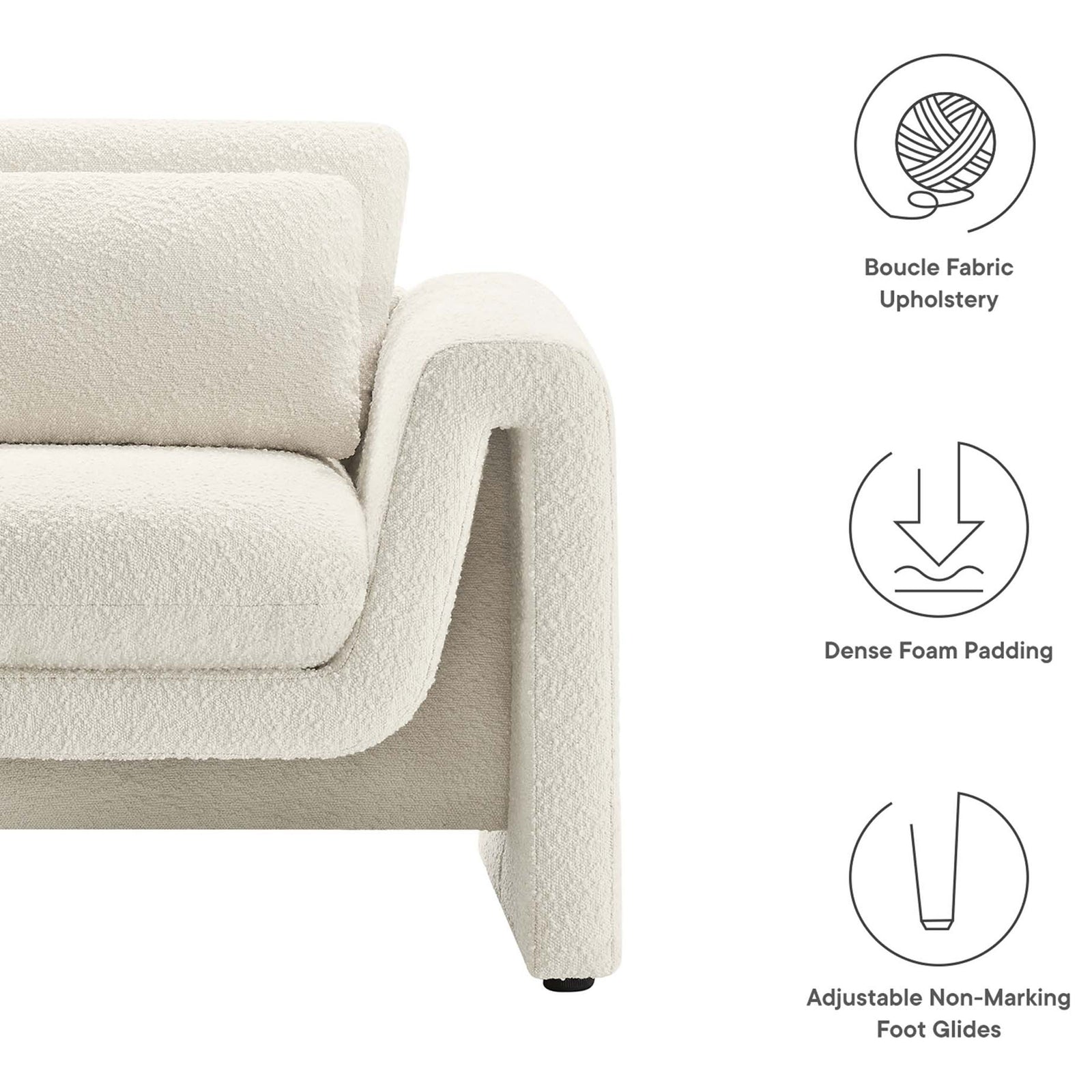Boucle upholstery, dense foam, and adjustable foot glides add comfort and floor-friendly stability. || EEI-6575-IVO || callout_studio
