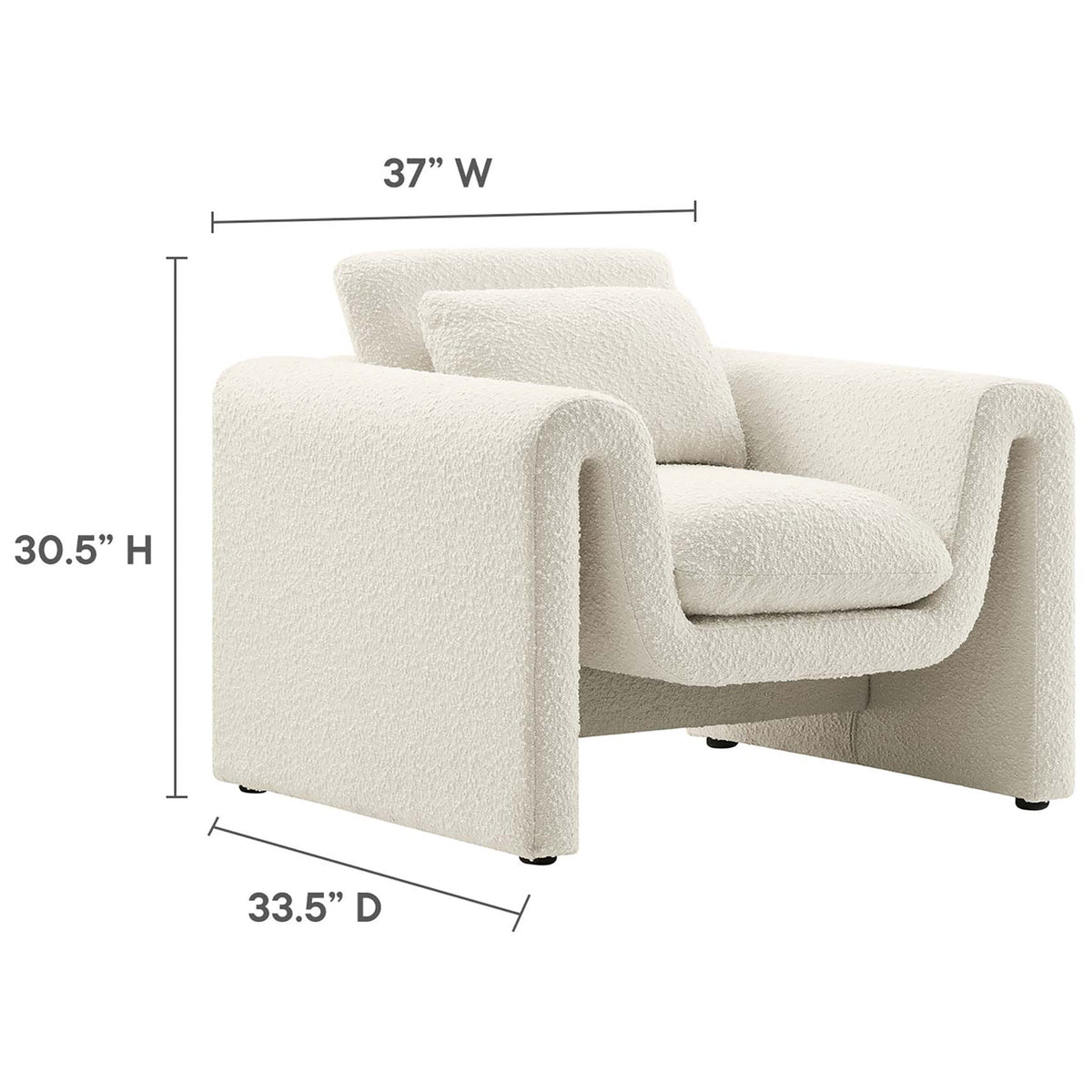 Comfortably scaled armchair measuring 37 W x 33.5 D x 30.5 H inches in cozy ivory boucle. || EEI-6575-IVO || dimension_studio