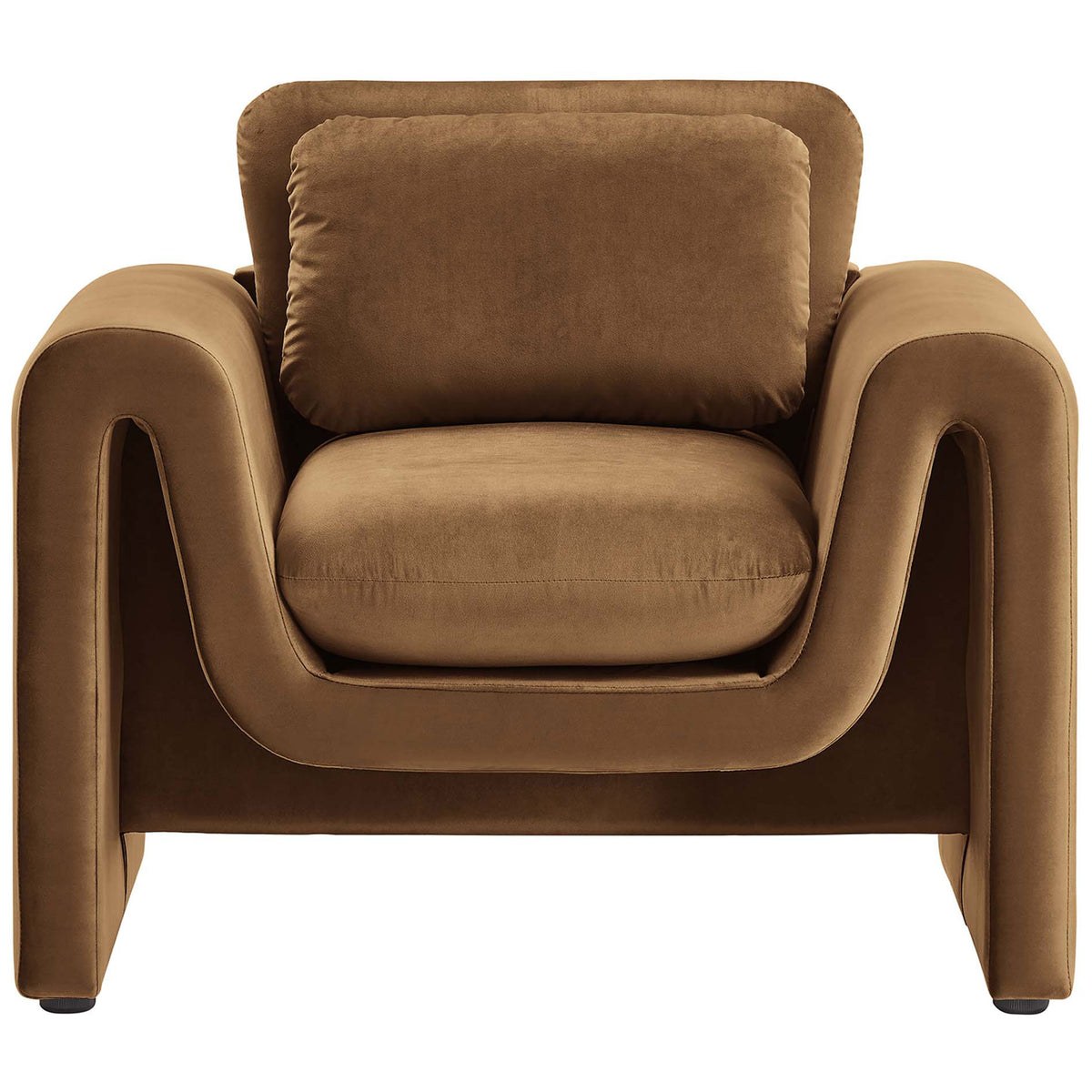 Inviting brown velvet armchair with deep seat, plush back pillow, and sculptural wave-arm silhouette || EEI-6576-BRN || front_studio