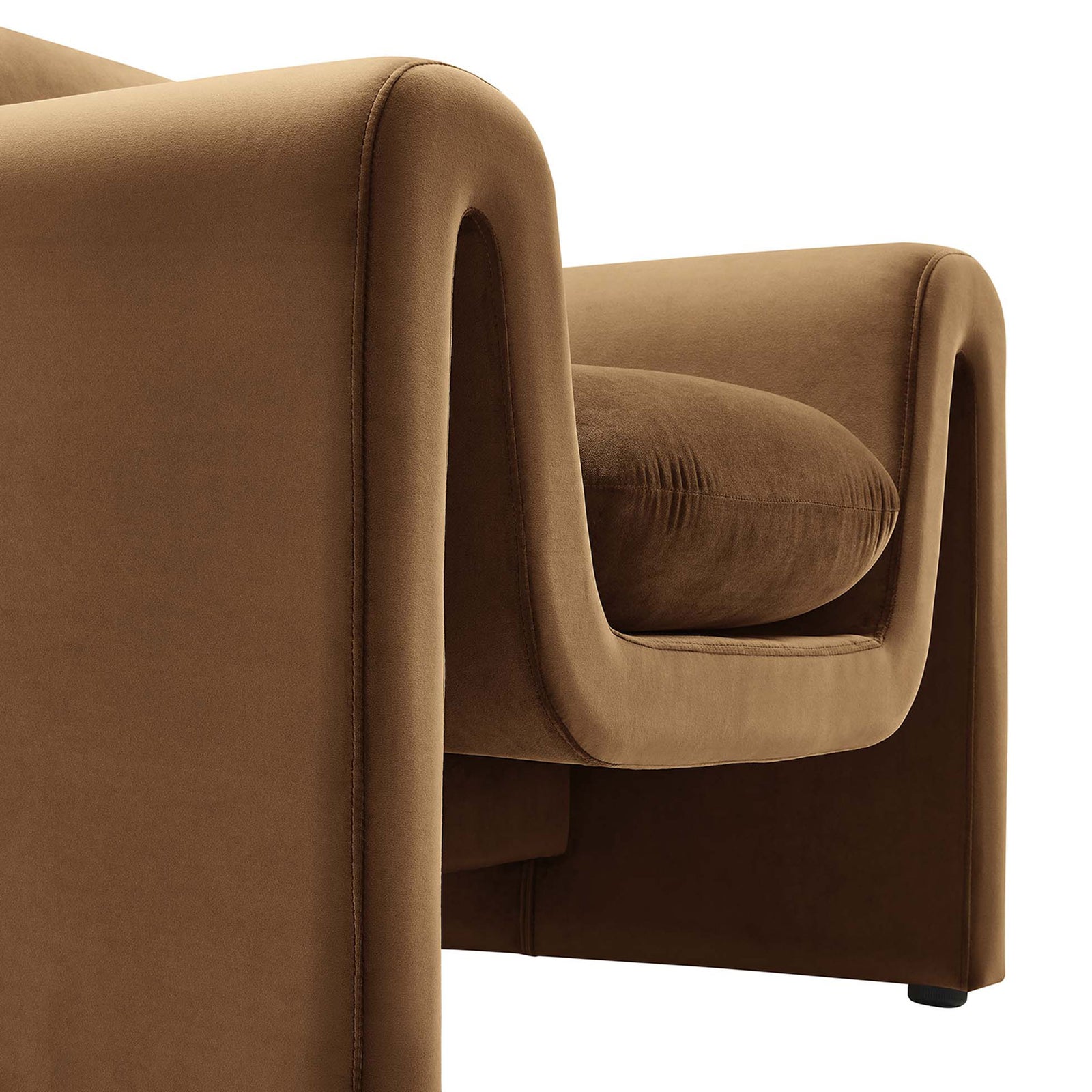 Soft velvet upholstery with rounded wave-arm detail and tailored seams || EEI-6576-BRN || detail_studio