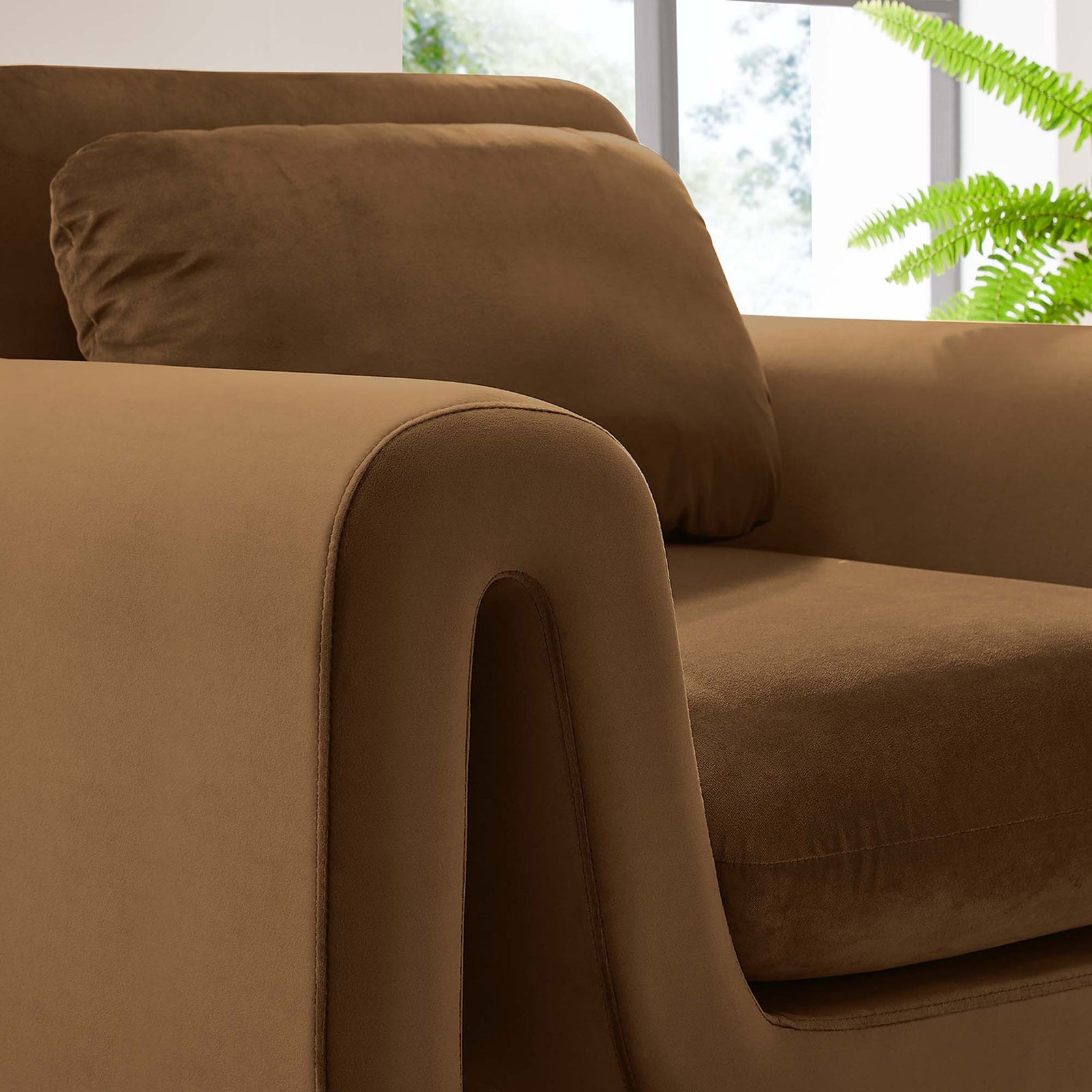 Textured brown velvet and plush cushion in natural light for a cozy, modern look || EEI-6576-BRN || detail_room
