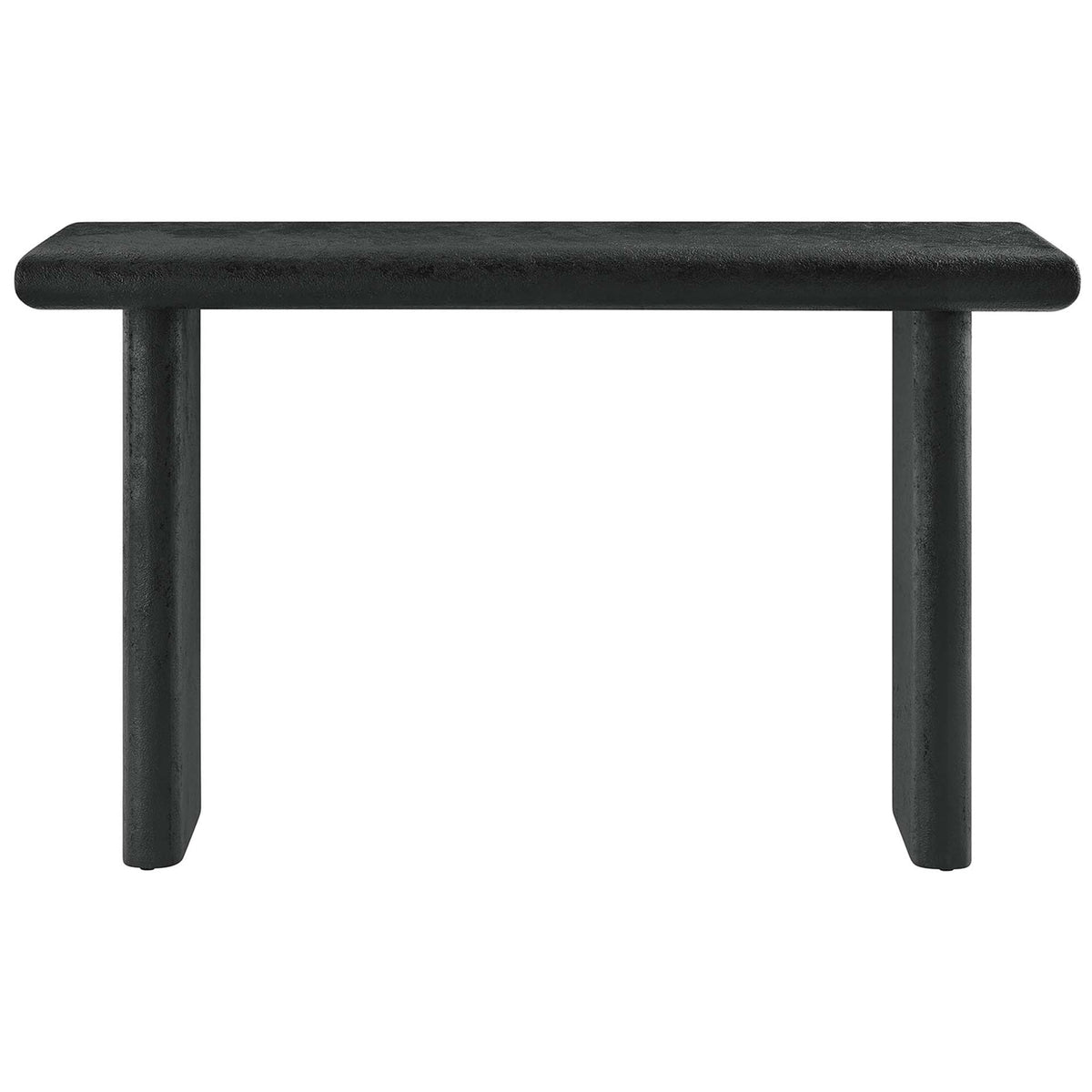 Sleek black console table with rounded bullnose edges and concrete-textured finish || EEI-6577-BLK || front_studio