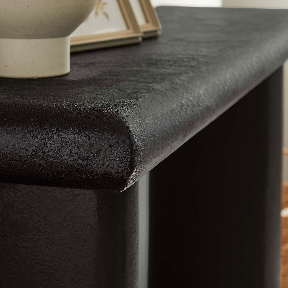 Textured black tabletop with smooth bullnose edge adds tactile depth to modern decor || EEI-6577-BLK || detail_room