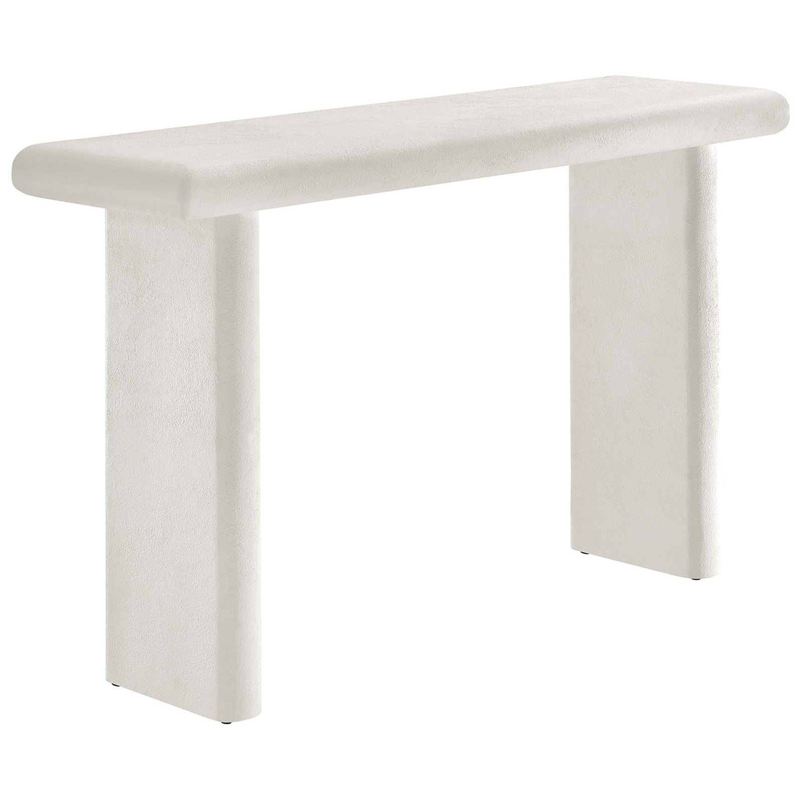 Minimalist white console table with soft bullnose edges and a matte, concrete-textured finish || EEI-6577-WHI || front_angle_studio
