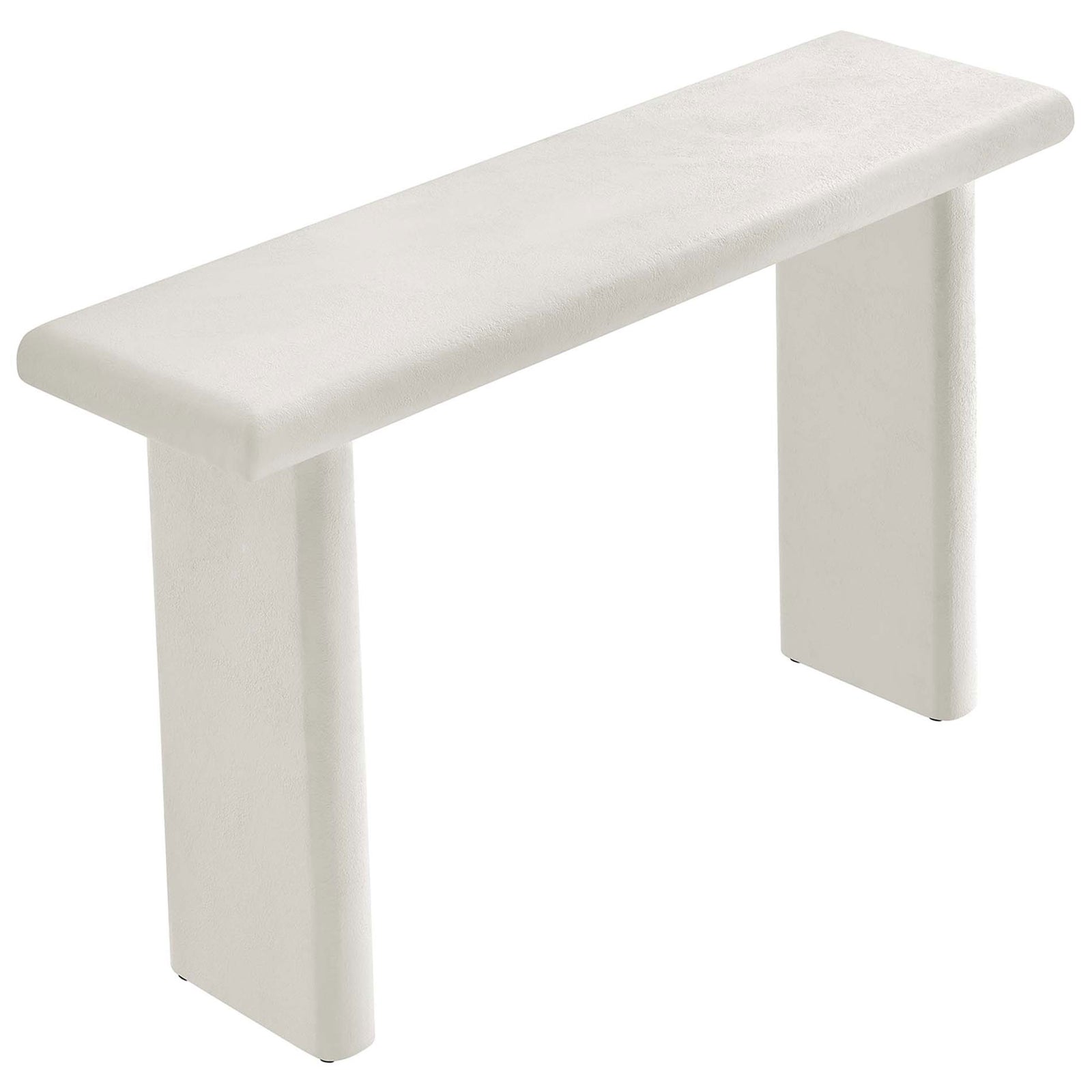 Long, streamlined tabletop offers a generous display surface with tactile concrete-style texture || EEI-6577-WHI || top_angle_studio
