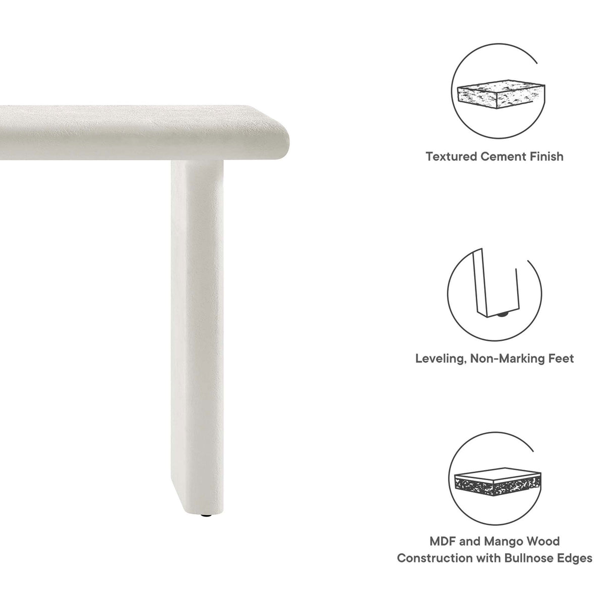 Key features include textured cement finish, bullnose edges, and leveling, non-marking feet || EEI-6577-WHI || callout_studio
