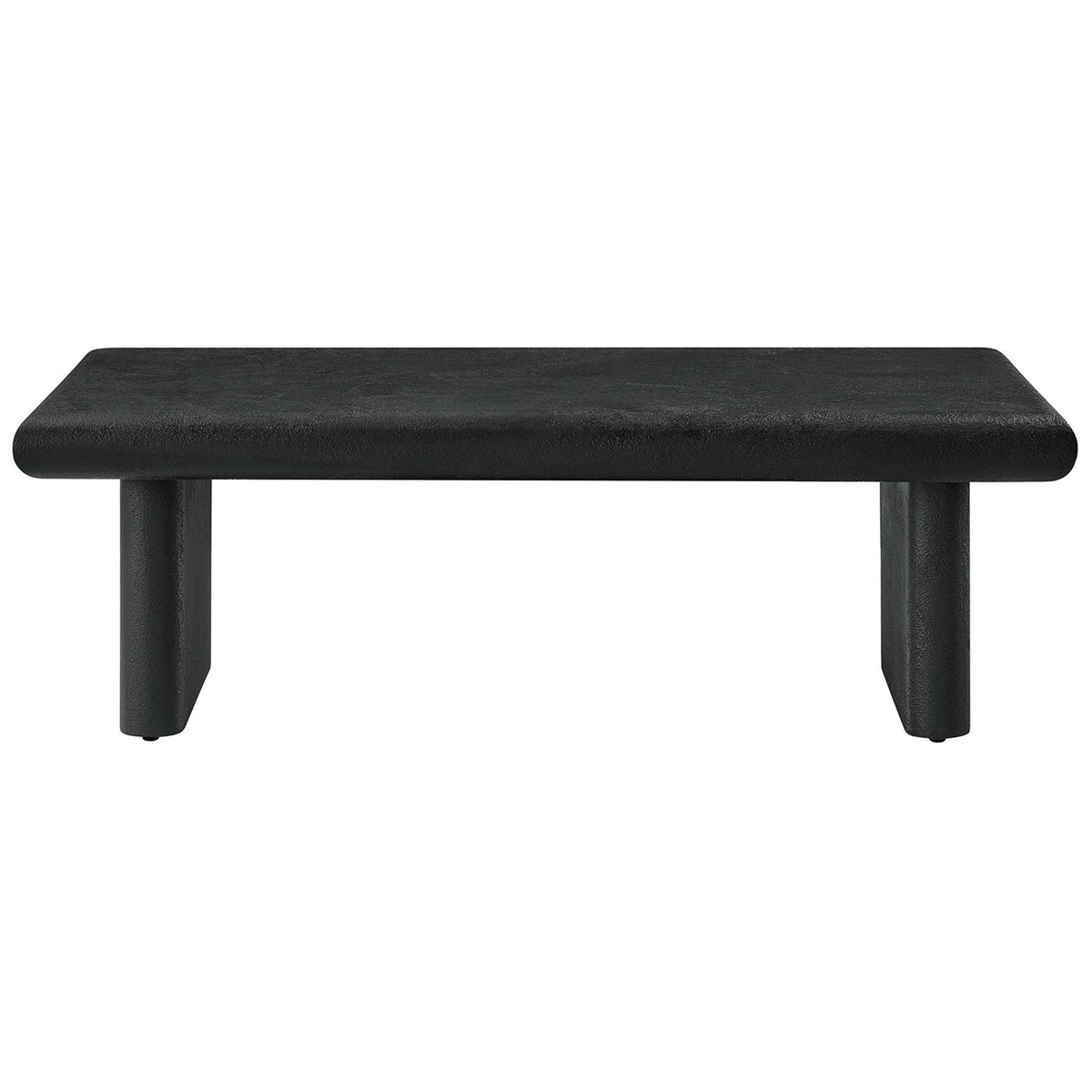 Sleek rectangular coffee table with textured cement finish and rounded bullnose edges || EEI-6578-BLK || front_studio